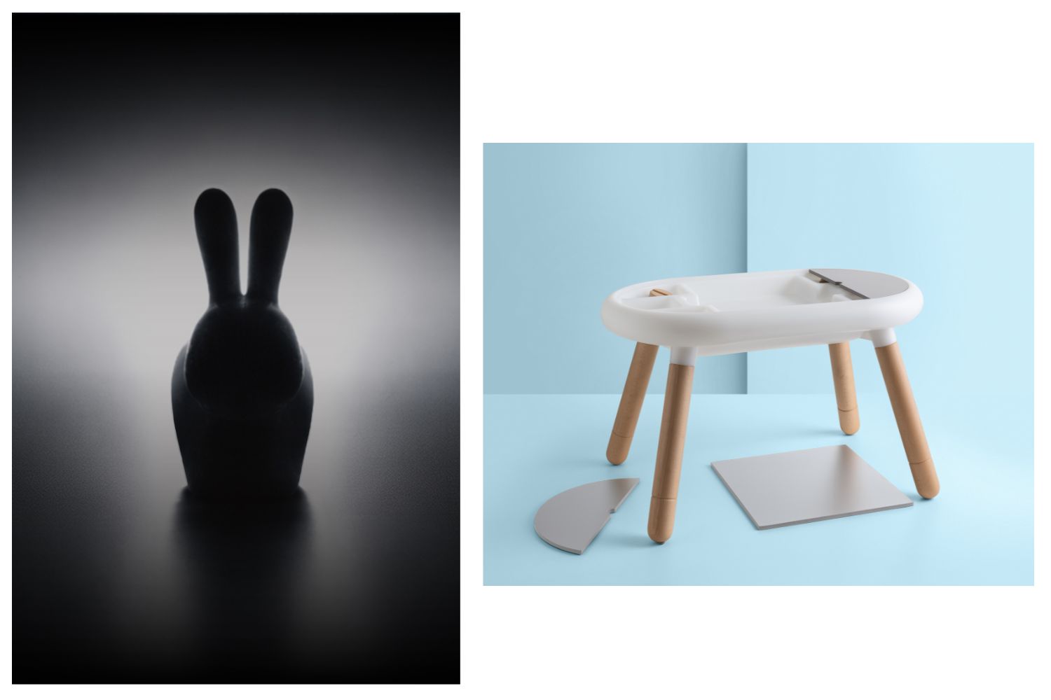 Minimal kids design setup featuring ANFA Happy Hoppy table with wooden legs and soft white top, alongside iconic rabbit-shaped design object in a moody setting