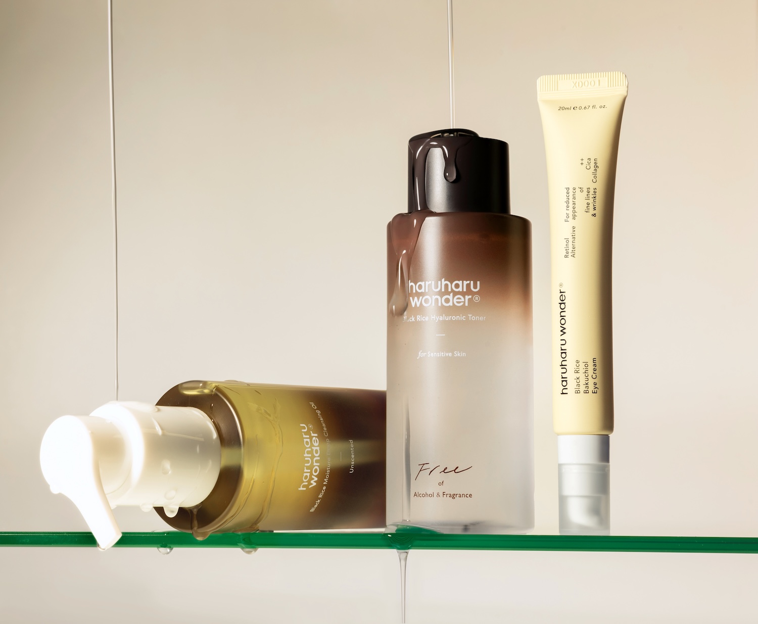 Clean beauty skincare products by haruharu wonder with minimalist packaging, featuring vegan formulas and fermented ingredients