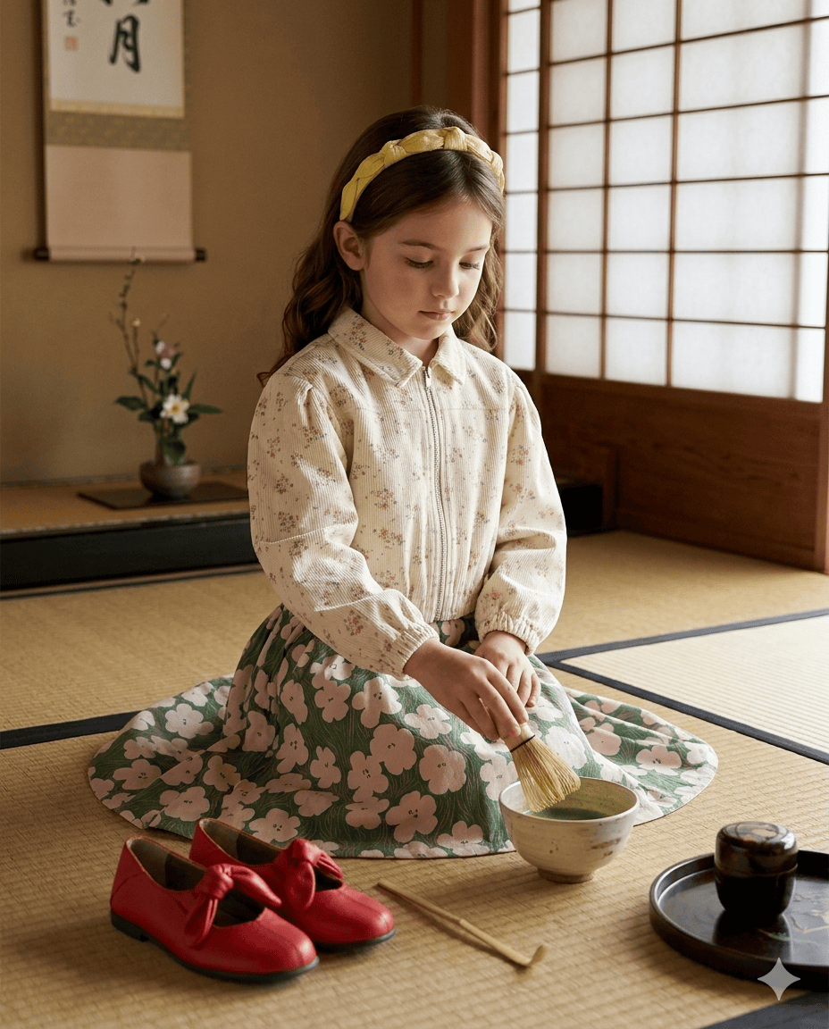 A young girl kneels on a tatami floor in a serene Japanese-style room, preparing matcha tea. She wears a cream floral blouse, a green skirt with soft pink flowers, a yellow headband and bright red bow shoes placed beside her. The styling blends vintage sweetness and playful elegance, with a calm, poetic atmosphere inspired by nature and ritual.
