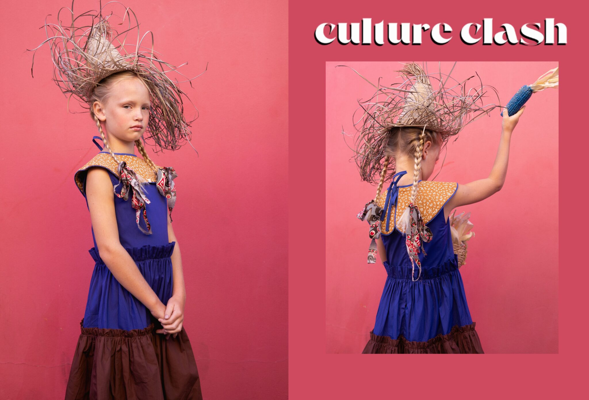 Child model with braided hair wearing a blue and brown dress and sculptural straw hat against a pink wall, playful styling with textures and cultural references, fashion editorial Culture Clash by Hannah Mentz, shot in South Africa for Scimparello Magazine