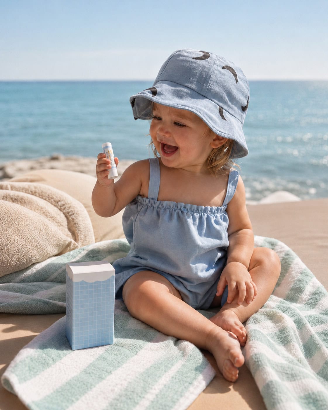 Alisea Bisou Bisou SPF50 skincare stick held by a smiling toddler in a pale blue summer outfit and sun hat, sitting on a beach towel by the sea, featured on Scimparello Magazine.