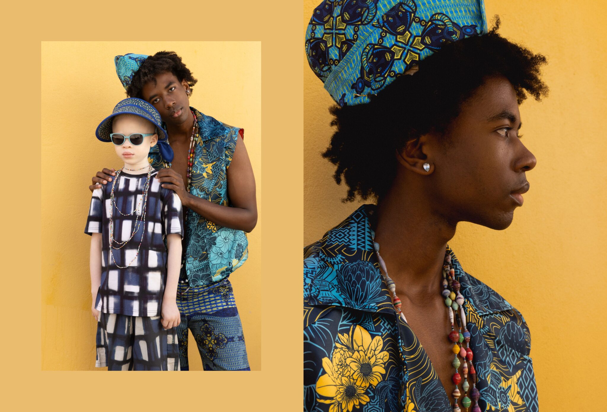 Adult and child models styled in bold patterned outfits and accessories against a yellow wall, mixing prints, textures and cultural influences, kids fashion editorial Culture Clash by Hannah Mentz shot in South Africa for Scimparello Magazine