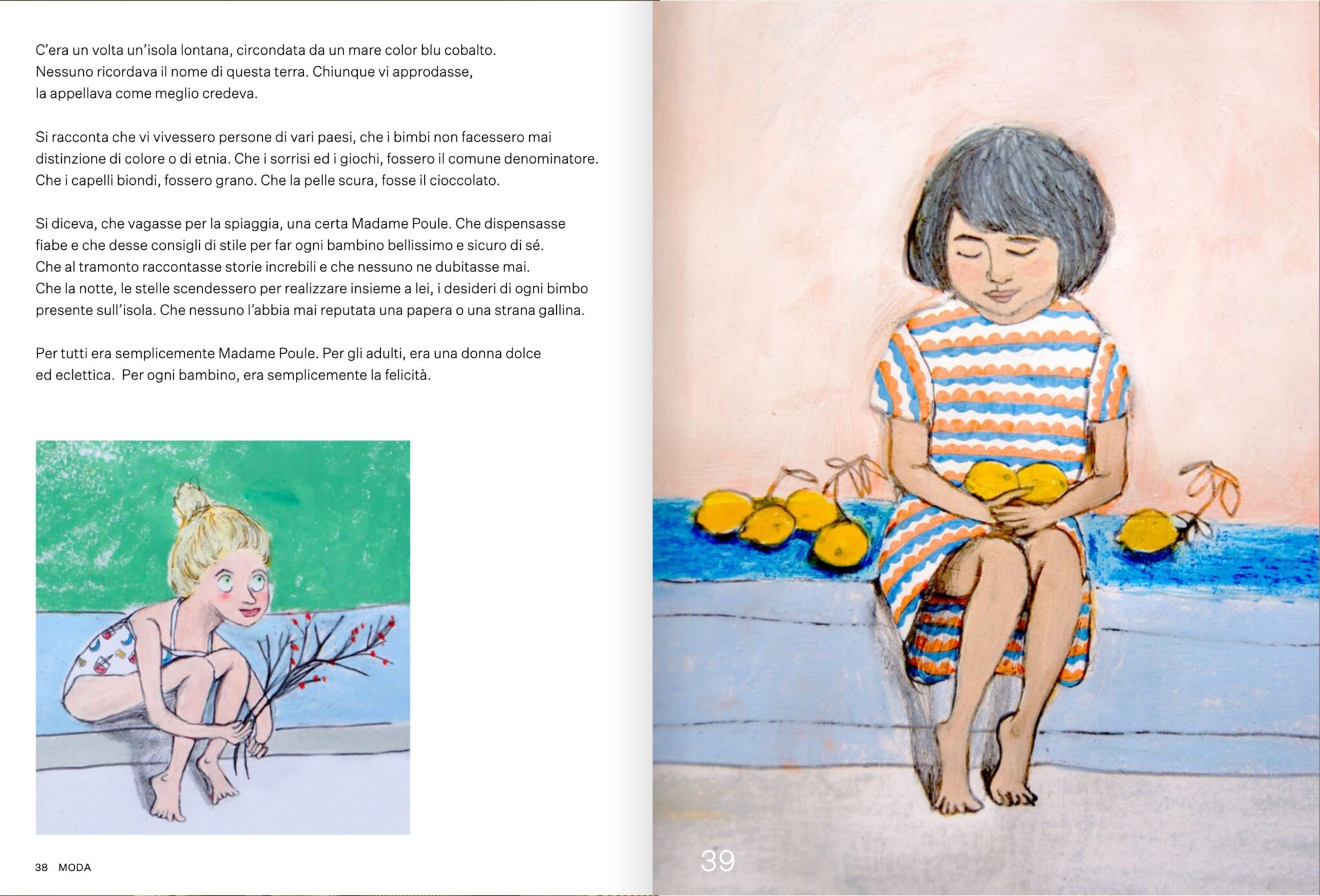 Illustrated fashion story from the 2018 Scimparello Magazine archive, featuring children on Madame Poule’s island, with drawings by Elsa Dray-Farges.
