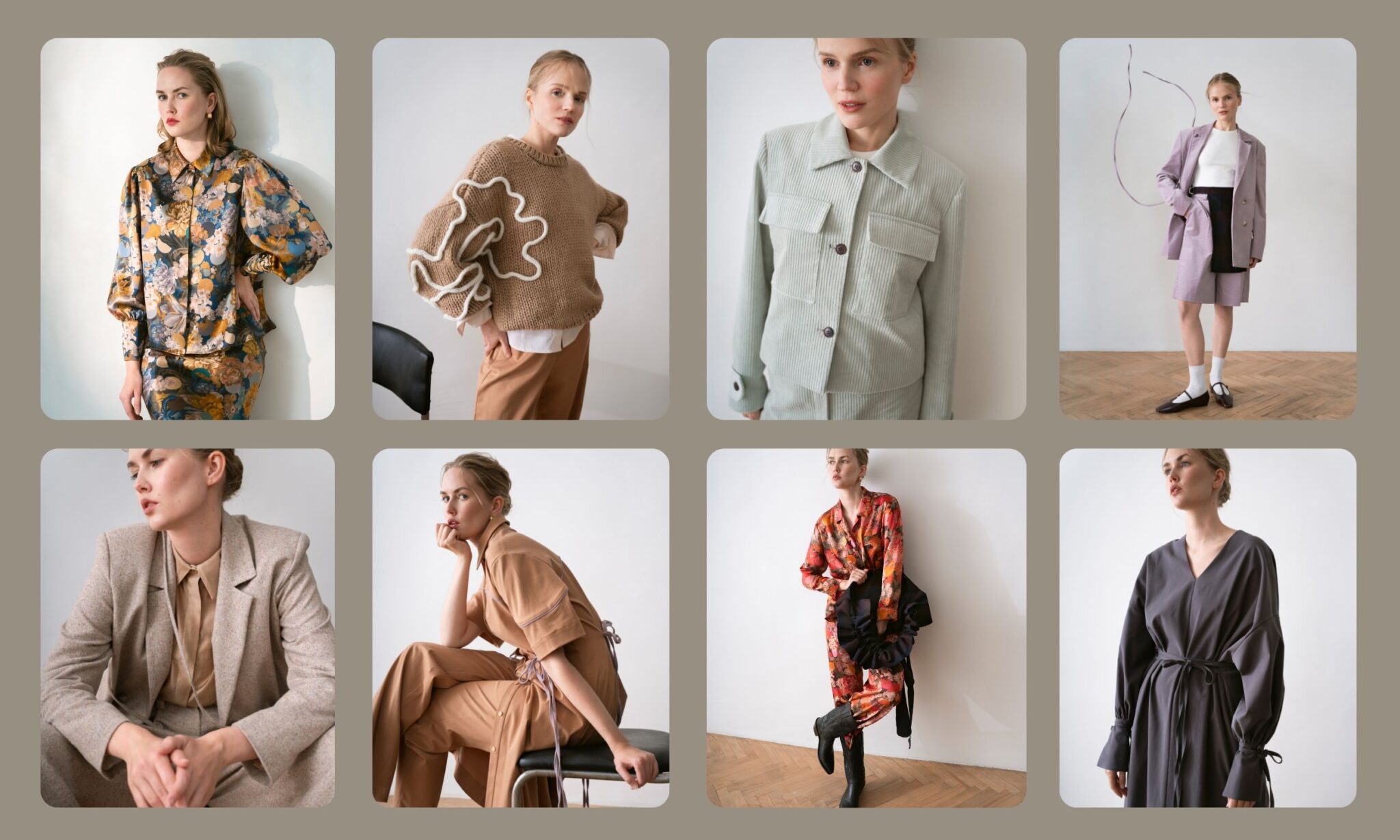 Paade Mode women collection collage featuring nine editorial looks, including floral co-ords, relaxed tailoring, knitwear, shirt dresses and soft neutral outfits, photographed for Scimparello Magazine.