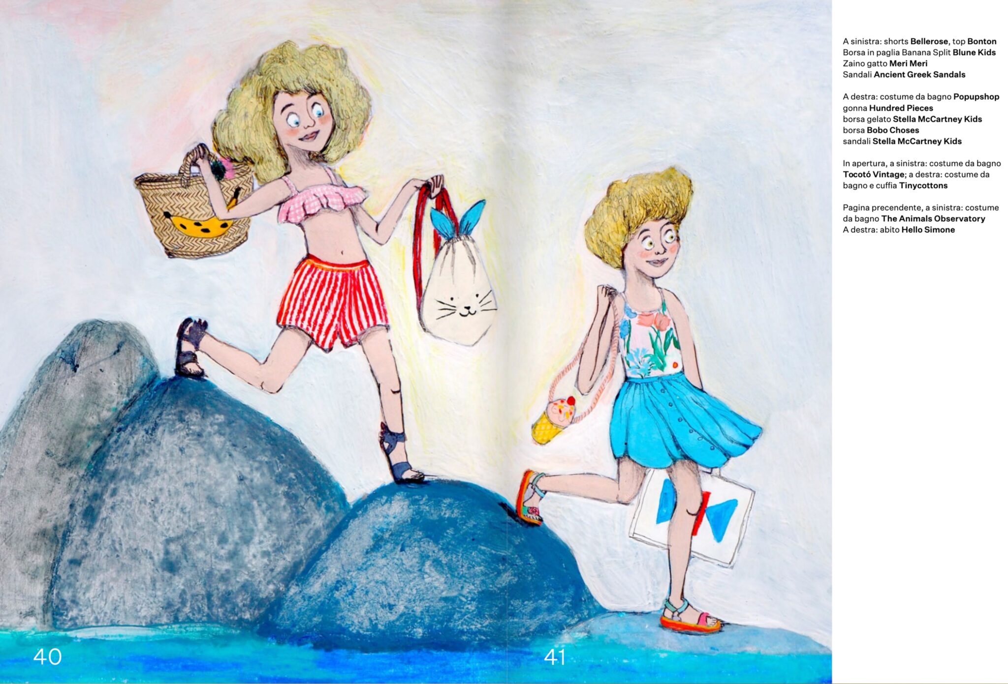 Illustrated fashion story from the 2018 Scimparello Magazine archive, featuring two children in playful summer outfits walking by the sea, with illustrations by Elsa Dray-Farges.