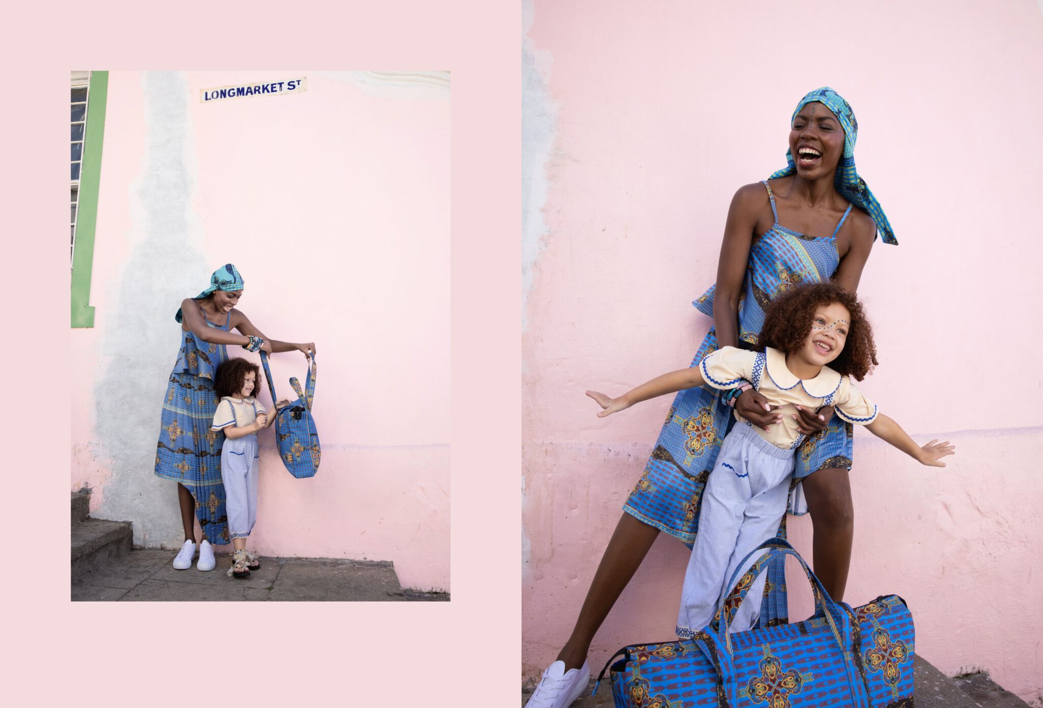 Adult and child models playing together in coordinated blue patterned outfits against a soft pink wall, joyful movement and matching accessories including a large bag, kids fashion editorial Culture Clash by Hannah Mentz shot in South Africa for Scimparello Magazine