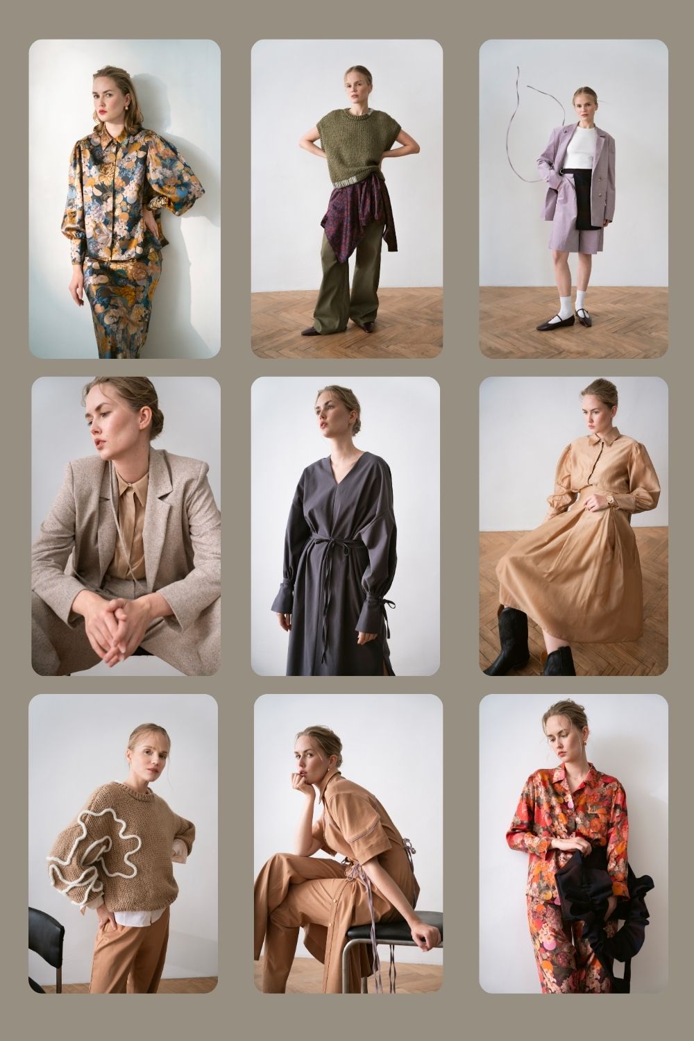 Paade Mode women collection collage featuring nine editorial looks, including floral co-ords, relaxed tailoring, knitwear, shirt dresses and soft neutral outfits, photographed for Scimparello Magazine.