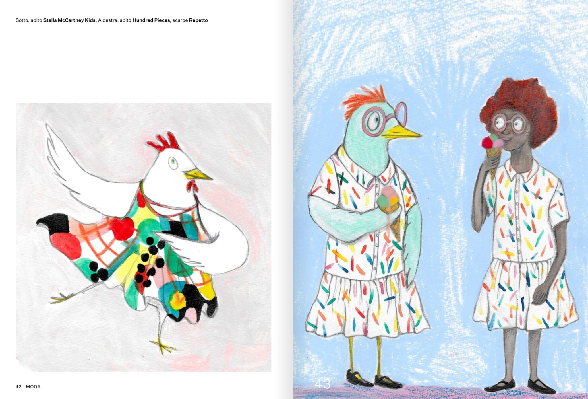 Illustrated fashion story from the 2018 Scimparello Magazine archive, featuring Madame Poule and a child in matching printed summer outfits, with illustrations by Elsa Dray-Farges.