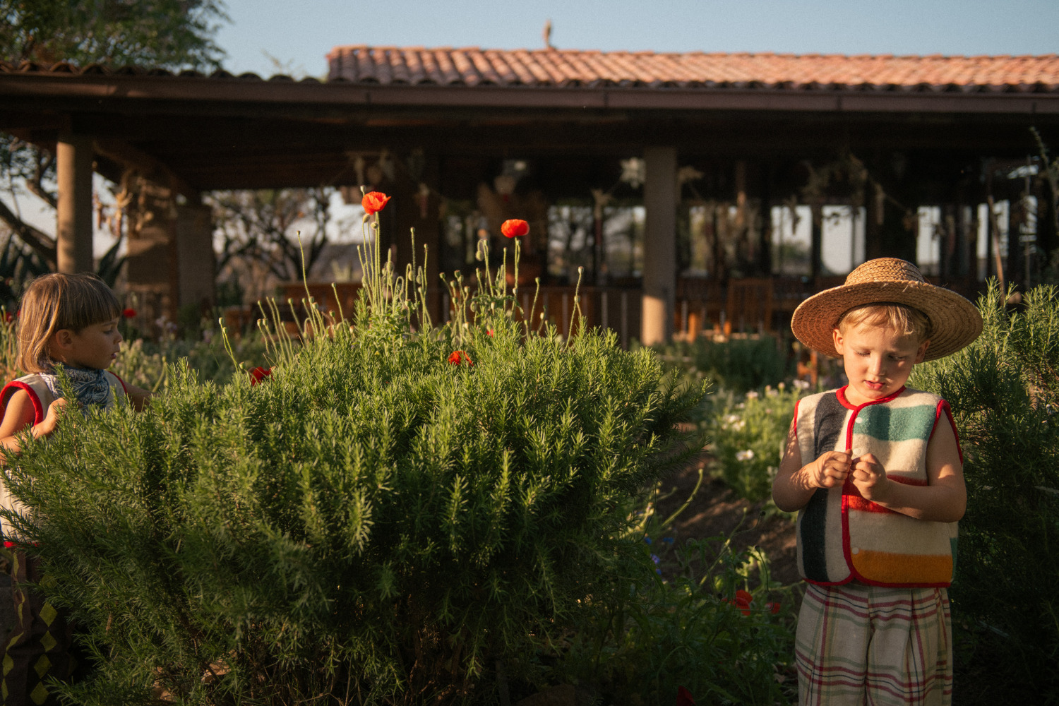 Two children wearing handcrafted Playdate Vintage outfits explore a sunlit garden filled with rosemary and red flowers for Scimparello Magazine.