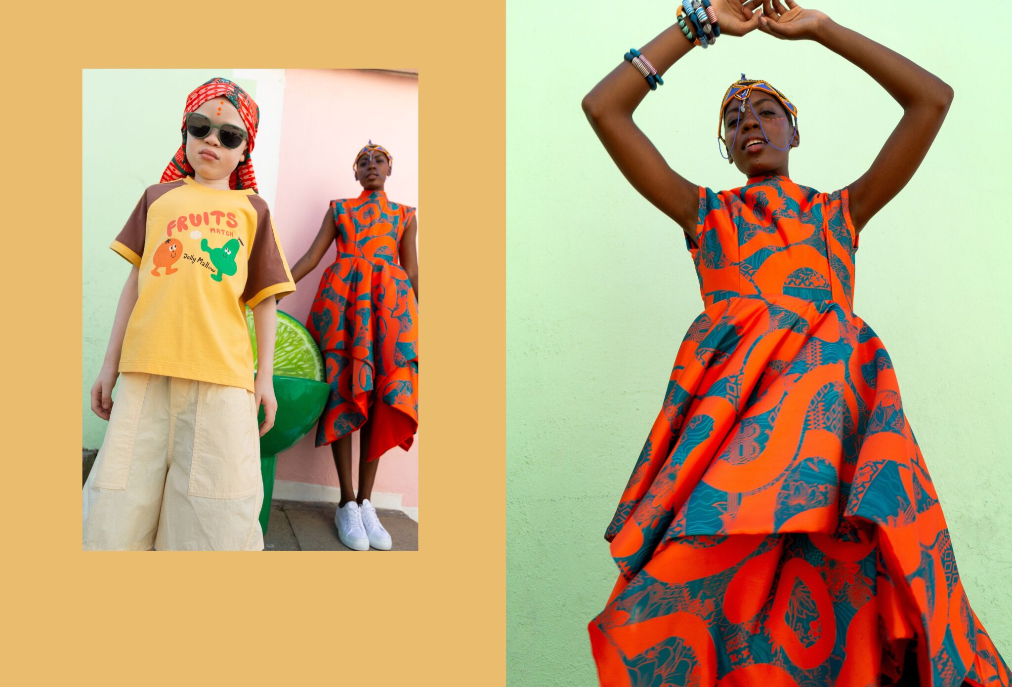 Child and adult models in vibrant contrasting outfits against pastel walls, playful mix of graphic prints and bold colors with oversized fruit prop, dynamic styling and movement, kids fashion editorial Culture Clash by Hannah Mentz shot in South Africa for Scimparello Magazine