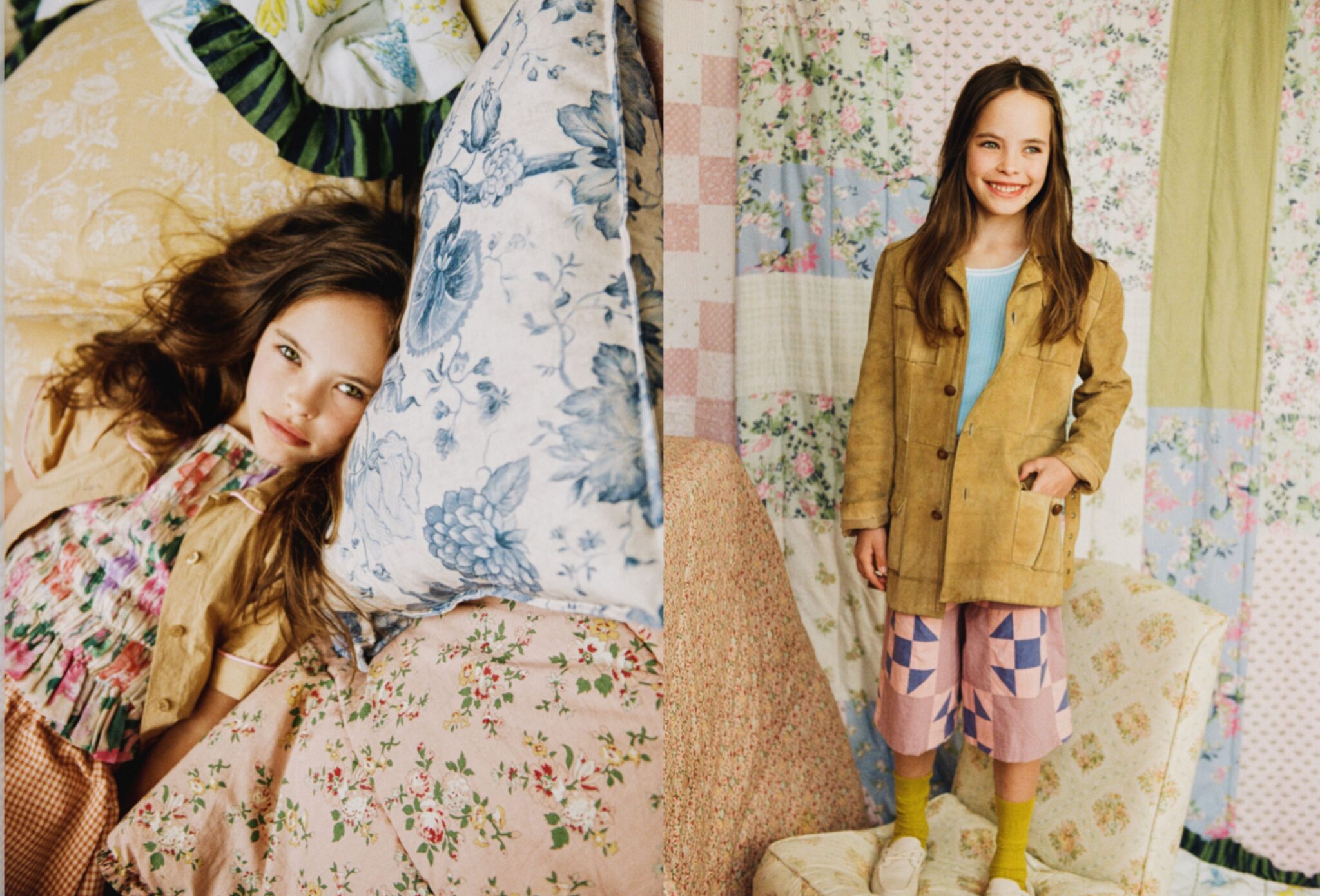 Girl in playful layered kids fashion looks appears across a double-page spread, lying among floral pillows and standing on a vintage armchair against patchwork fabrics for Scimparello Magazine editorial Printed Heirlooms by Emma Wright.