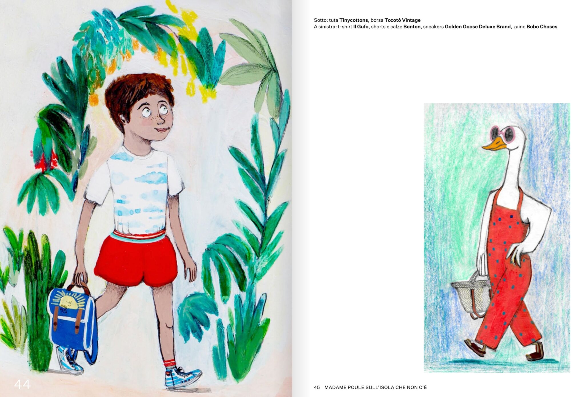Illustrated fashion story from the 2018 Scimparello Magazine archive, featuring a child in red shorts with a blue backpack and Madame Poule in a red jumpsuit, illustrated by Elsa Dray-Farges.