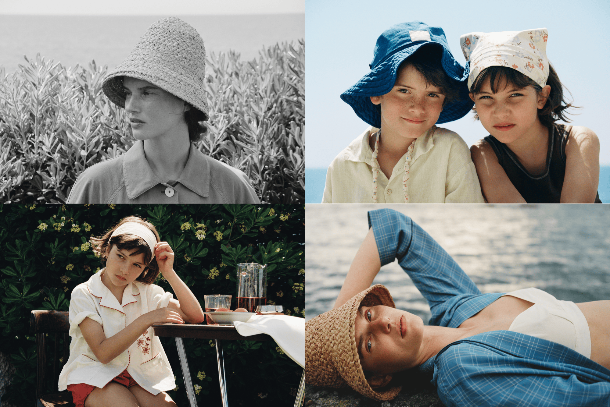 Campaign collage for the Caramel x Zara collection featuring children and a woman in summer hats, soft shirts, checks and seaside-inspired pieces, shown in a mix of black and white and colour images.