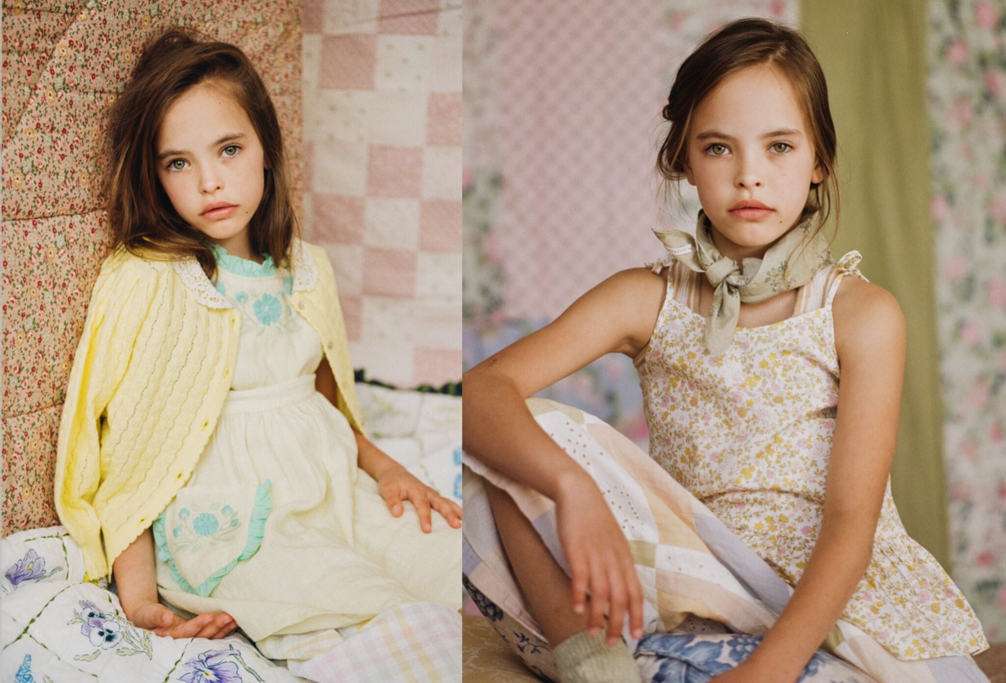 Girl in soft floral kids fashion looks appears across a double-page spread, wearing a pale yellow cardigan and a delicate flower-print dress with vintage patchwork textiles for Scimparello Magazine editorial Printed Heirlooms by Emma Wright.