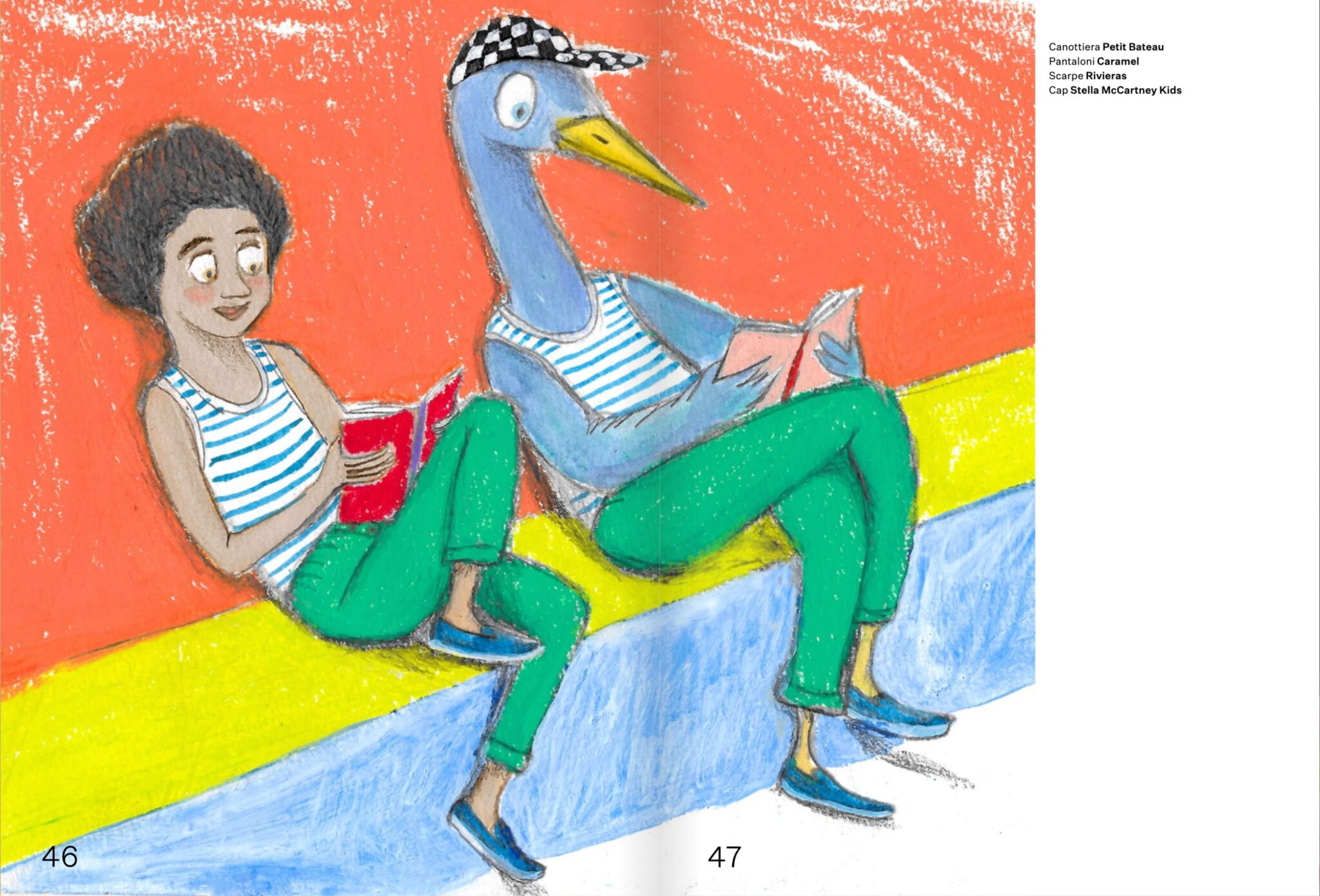 Illustrated fashion story from the 2018 Scimparello Magazine archive, featuring a child and a bird character in matching striped tops and green trousers, reading together on a colorful seaside wall, illustrated by Elsa Dray-Farges.