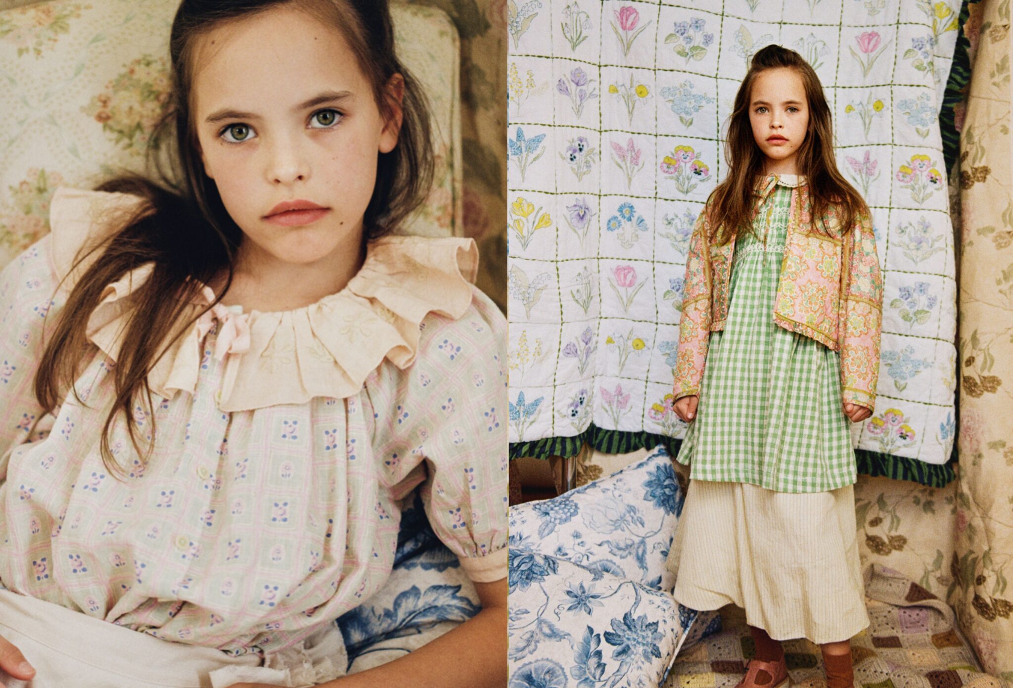 Girl in layered pastel kids fashion looks appears across a double-page spread, wearing a ruffled blouse and a green gingham dress with vintage floral quilts and patterned textiles for Scimparello Magazine editorial Printed Heirlooms by Emma Wright.
