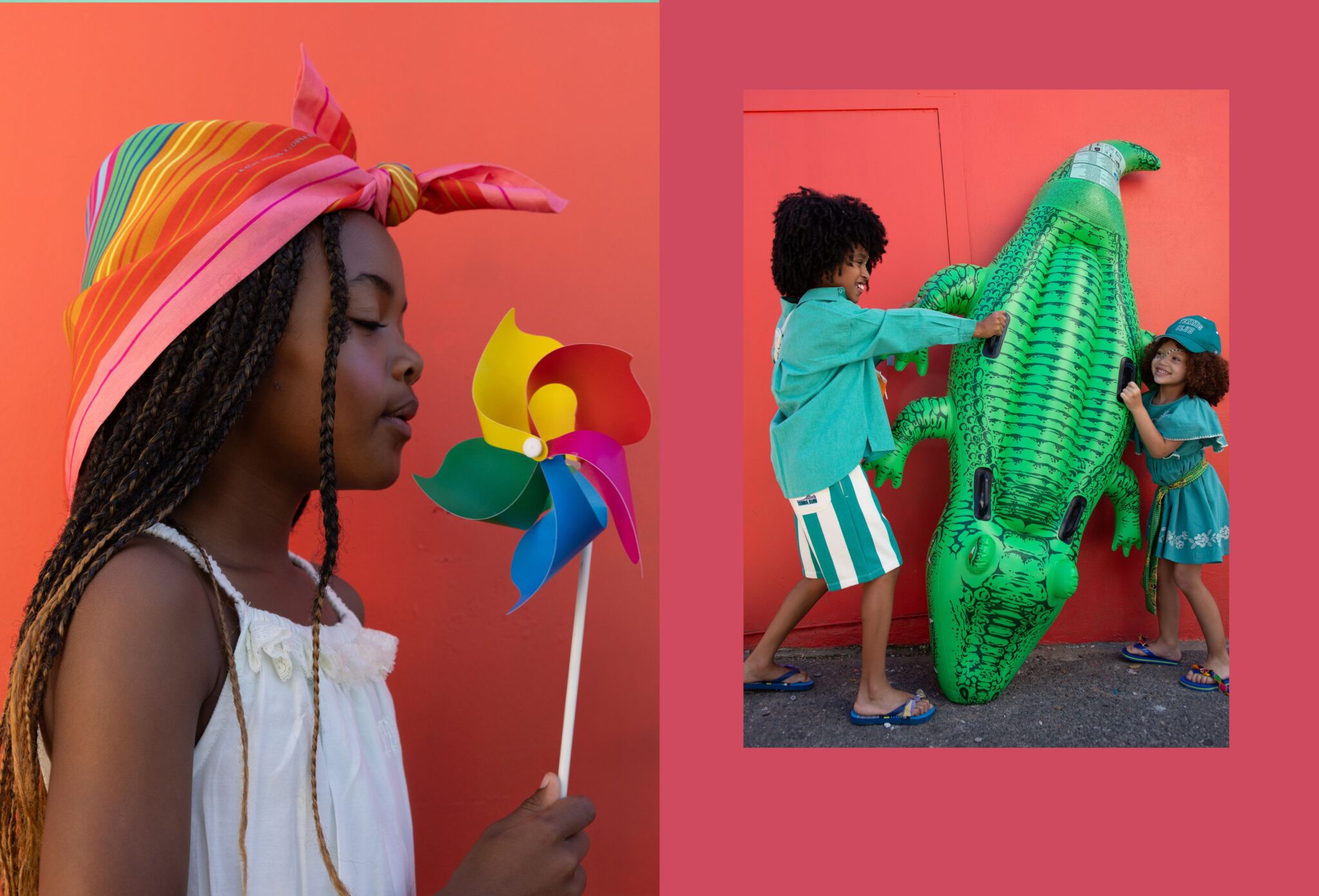 Child model in a striped headscarf holding a colorful pinwheel against a vivid red wall, alongside two children playing with a large green inflatable crocodile, bright playful scene with bold colors, kids fashion editorial Culture Clash by Hannah Mentz shot in South Africa for Scimparello Magazine