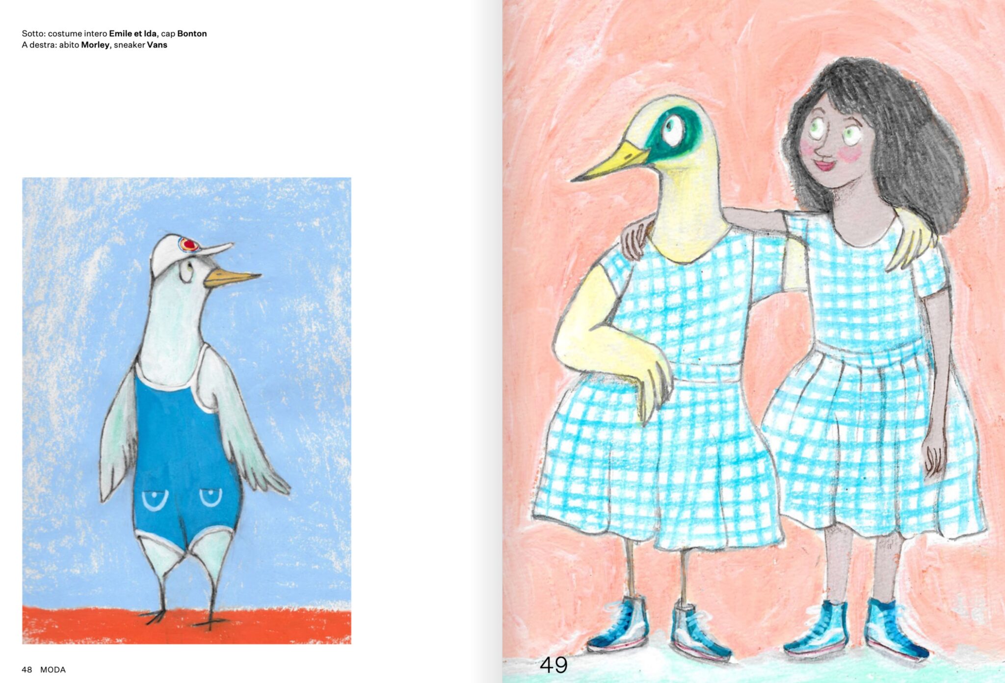 Illustrated fashion story from the 2018 Scimparello Magazine archive, featuring a bird in a blue swimsuit and a child with a bird character in matching checked dresses, illustrated by Elsa Dray-Farges.