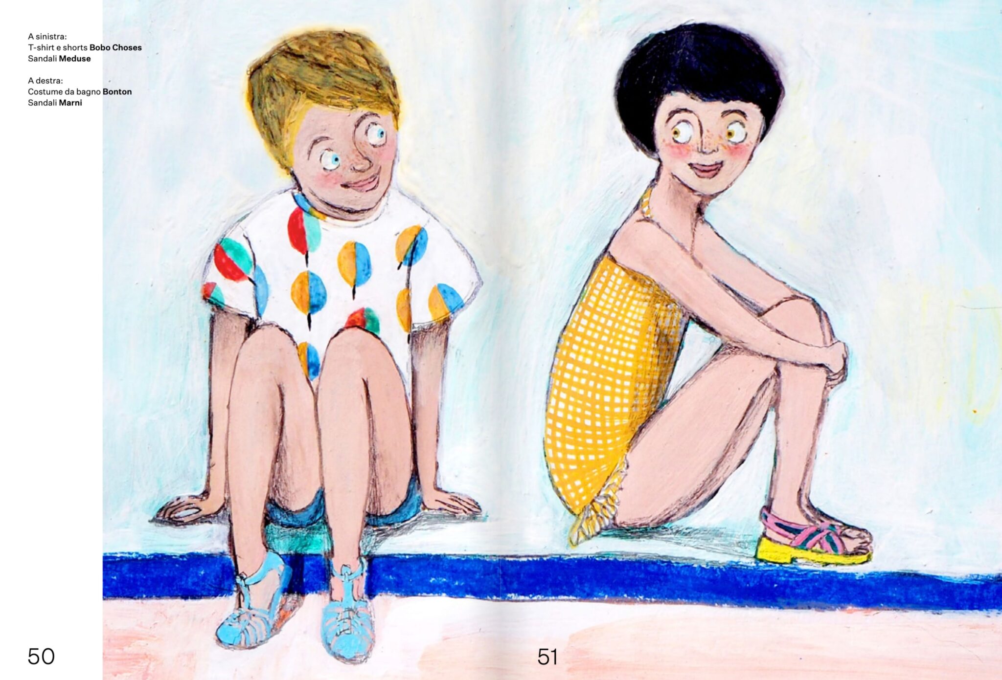 Illustrated fashion story from the 2018 Scimparello Magazine archive, featuring two children sitting by the sea in playful summer looks, illustrated by Elsa Dray-Farges.