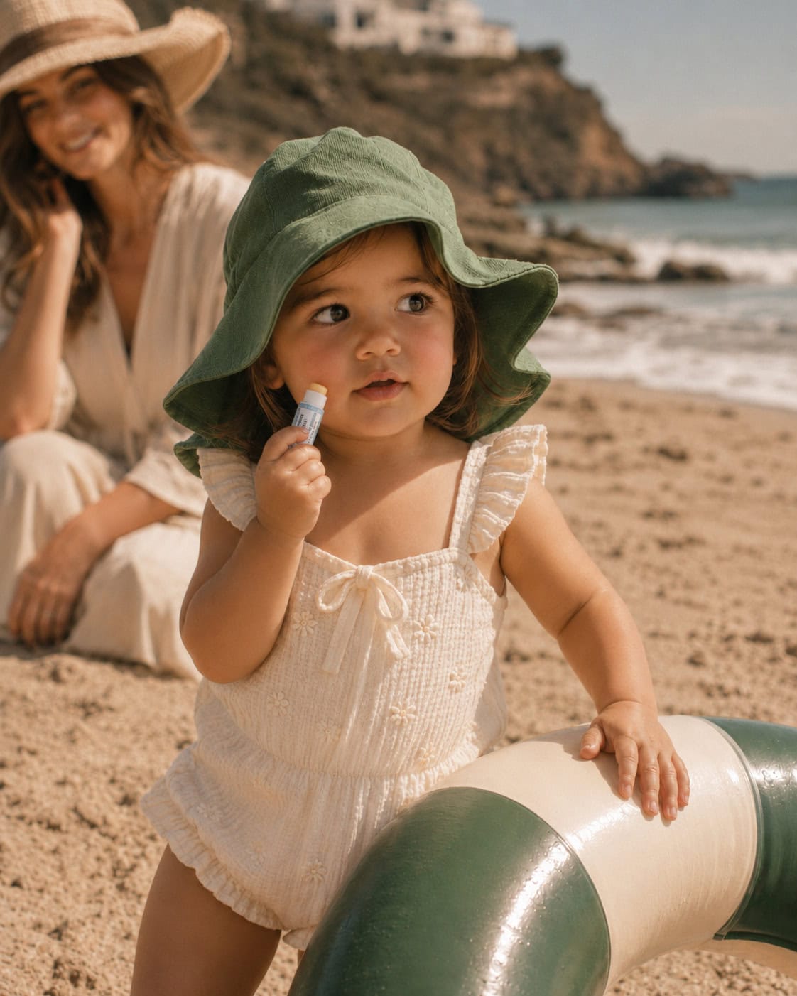 Alisea Bisou Bisou SPF50 skincare stick applied by a toddler on the beach, wearing a green sun hat and white summer romper, with her mother softly in the background, featured on Scimparello Magazine.