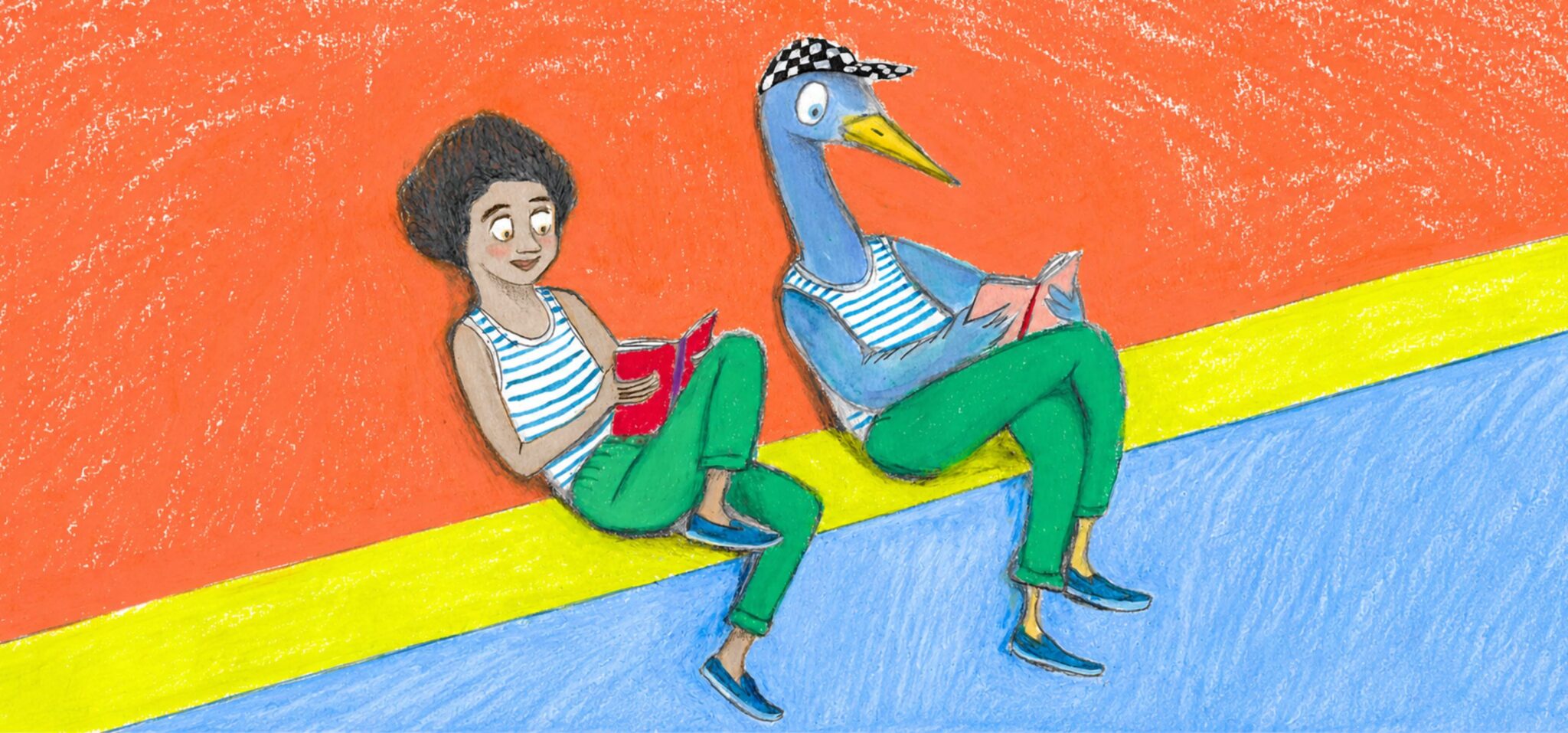Illustrated fashion story from the 2018 Scimparello Magazine archive, featuring a child and a bird character in matching striped tops and green trousers, reading together on a colorful seaside wall, illustrated by Elsa Dray-Farges.