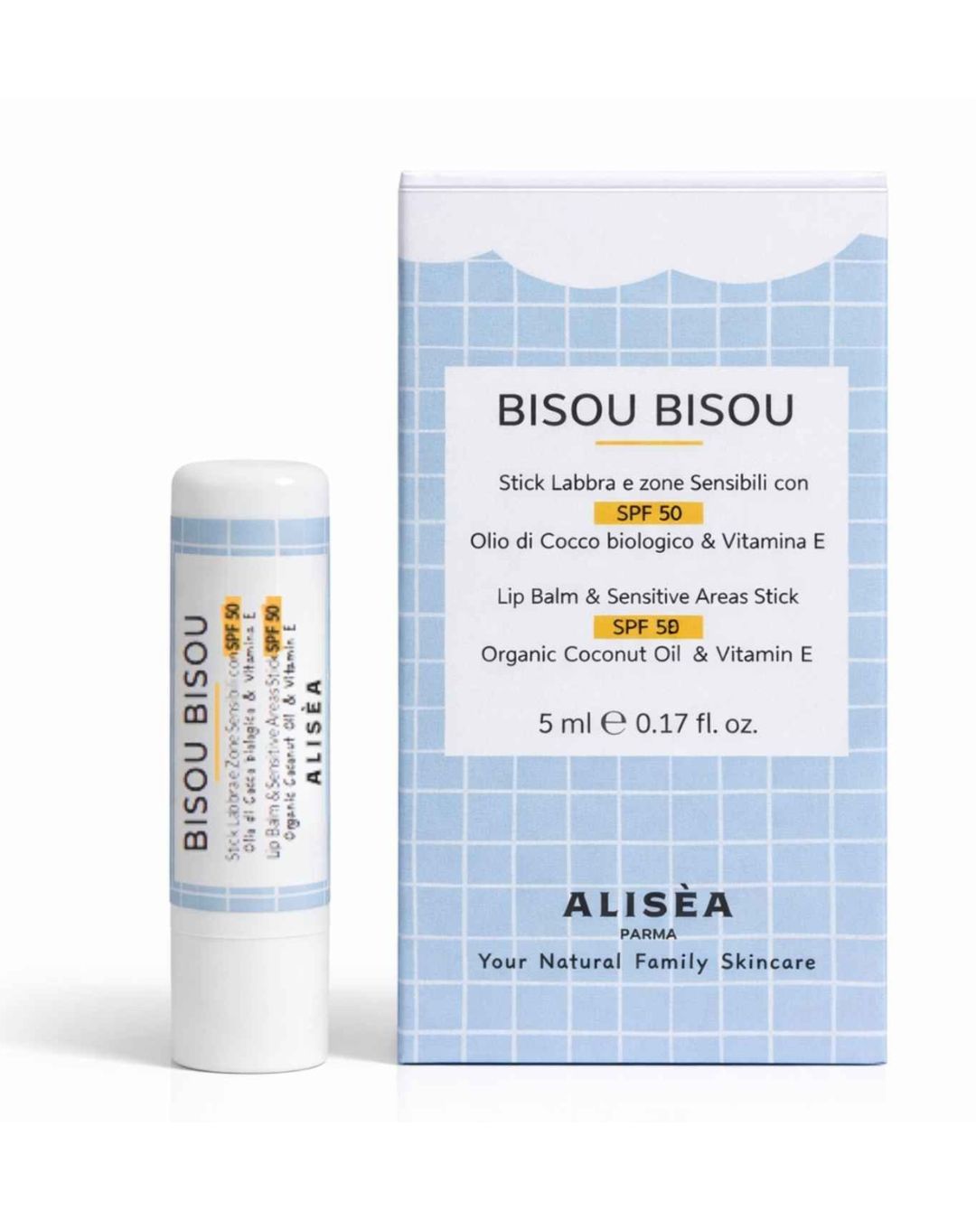 Alisea Bisou Bisou SPF50 lip balm and sensitive areas stick with packaging, made with organic coconut oil and vitamin E, featured on Scimparello Magazine