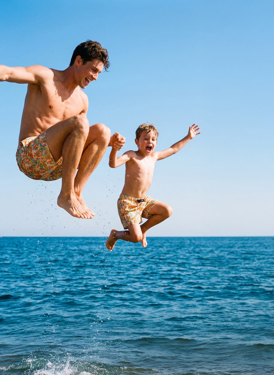 Father and son jumping into the sea wearing matching printed swim shorts from Flamenco Maltés SS26, captured mid-air against a clear blue summer sky. The joyful mini me beachwear look combines playful Mediterranean-inspired prints with relaxed father-and-son resort style.