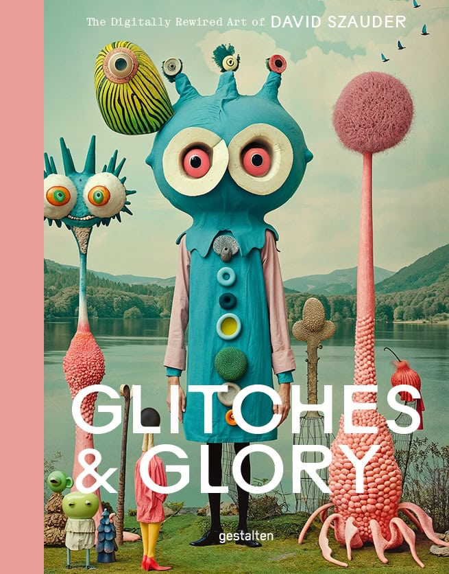 Surreal book cover for Glitches & Glory by David Szauder featuring whimsical alien-like figures with oversized eyes and textured pastel bodies standing beside a lake landscape. The central turquoise character wears circular ornaments, surrounded by fantastical sculptural creatures in pink, green and blue tones, creating a dreamlike AI-inspired atmosphere.