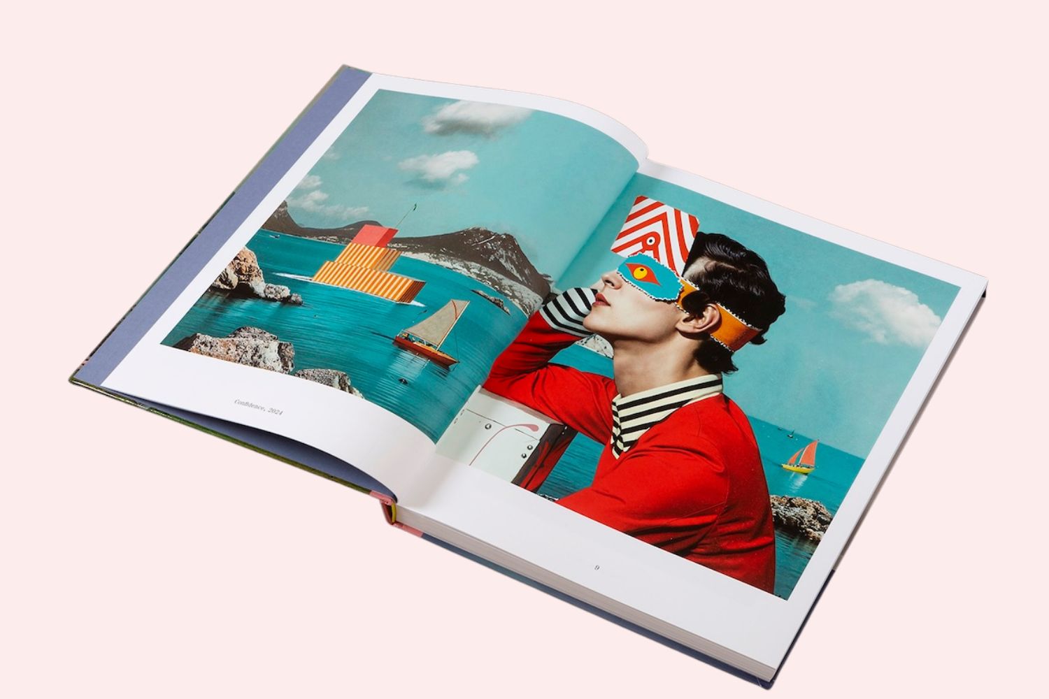 Open spread of Glitches & Glory by David Szauder showing a surreal digital artwork of a woman in a vivid red outfit wearing a colorful abstract mask beside a turquoise seaside landscape with geometric floating structures and sailboats. The composition combines retro fashion photography with dreamlike AI-generated collage elements.