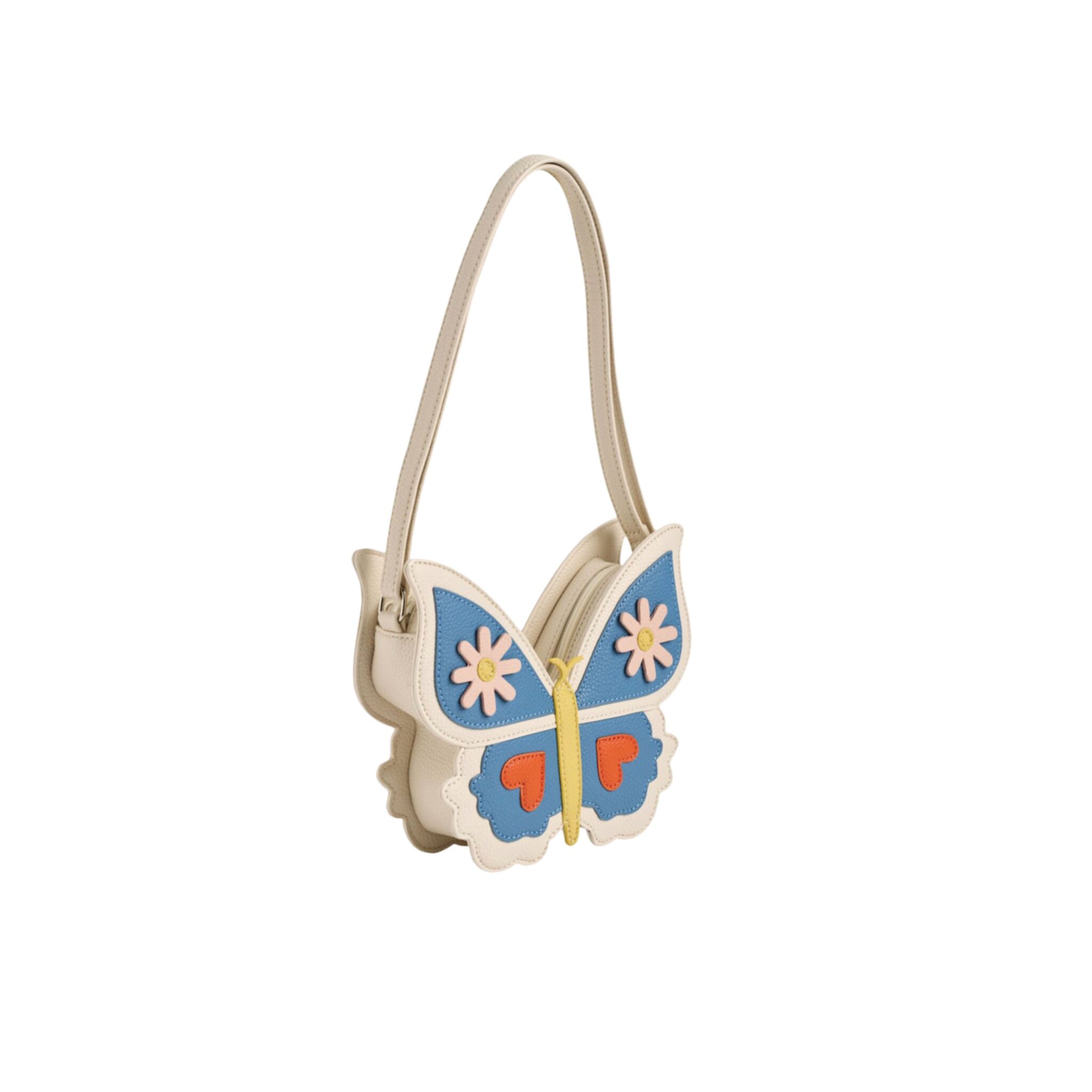 Blue and cream-coloured butterfly bag with zip and adjustable shoulder strap.