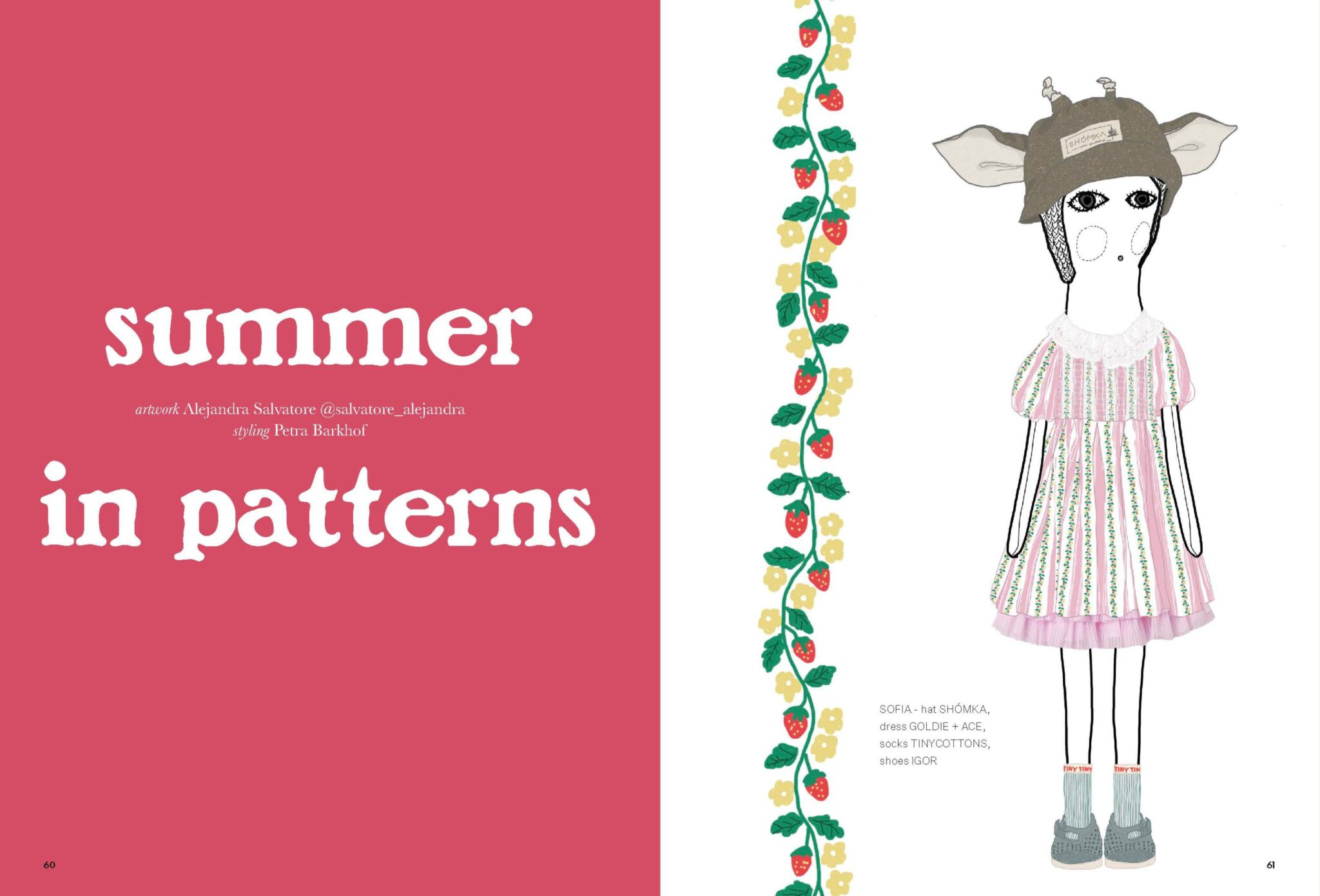 Illustrated fashion editorial opening spread for Summer in Patterns by Alejandra Salvatore, with styling and text by Petra Barkhof, featuring a doll-like child in a striped floral dress, animal-ear hat, and socks with a strawberry border, Scimparello Magazine.