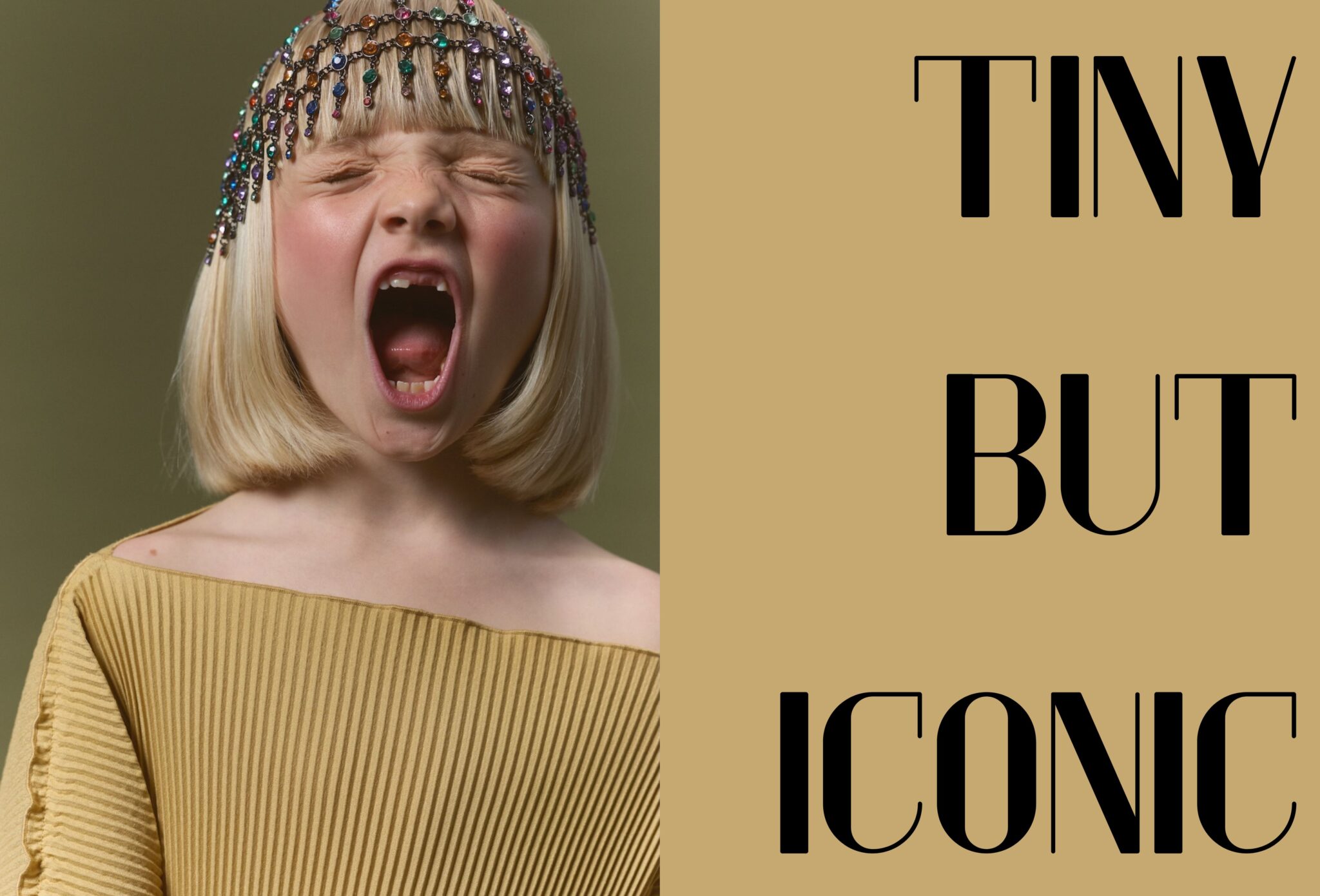 Blonde child with a jeweled headpiece yawning in a mustard pleated top for Tiny but Iconic by Lina Arvidsson, Scimparello Magazine.