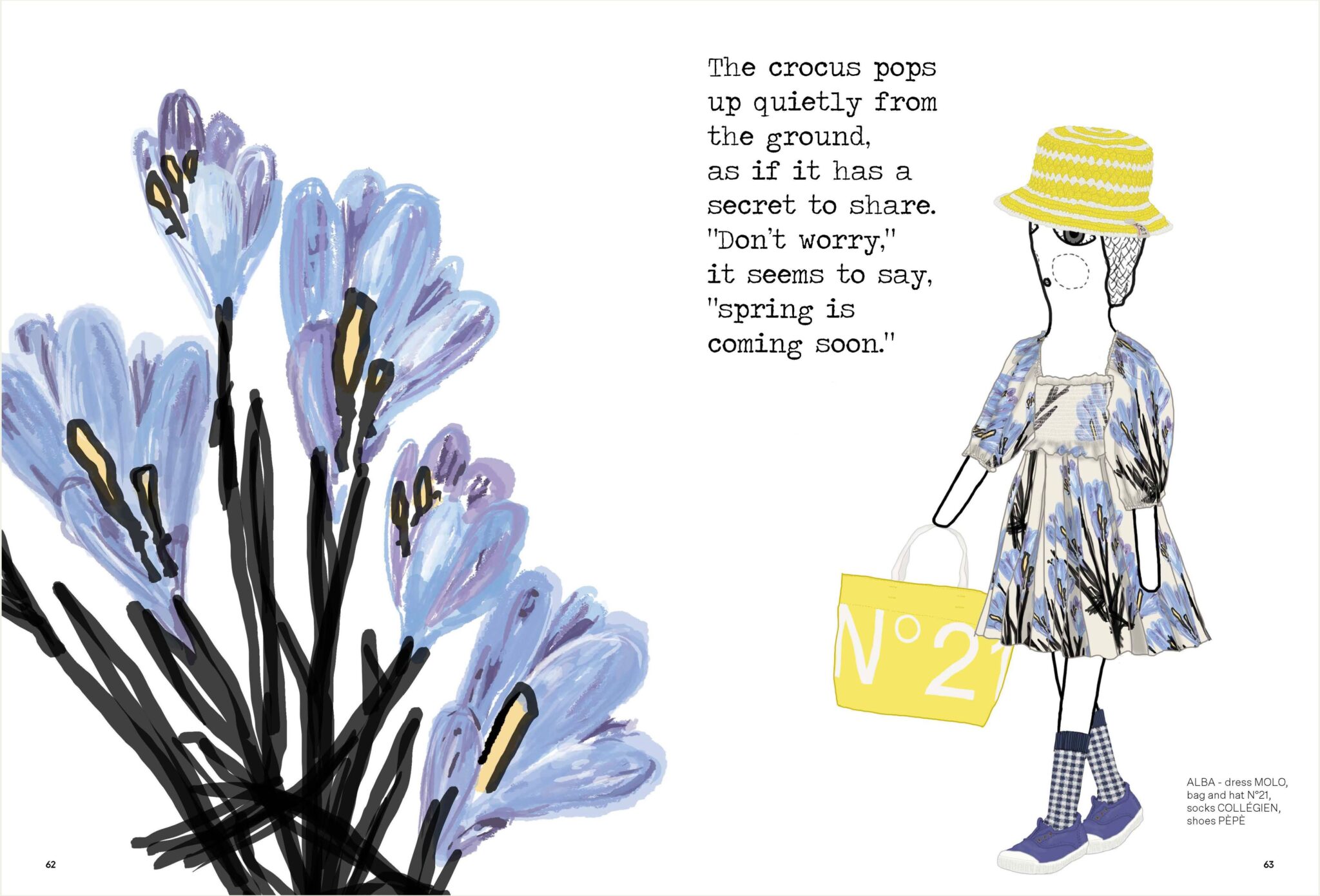 Illustrated fashion editorial spread for Summer in Patterns by Alejandra Salvatore, featuring large purple crocus flowers and a doll-like child wearing a MOLO floral dress, N°21 yellow bag and hat, Collegien gingham socks, and Pépé shoes, Scimparello Magazine.