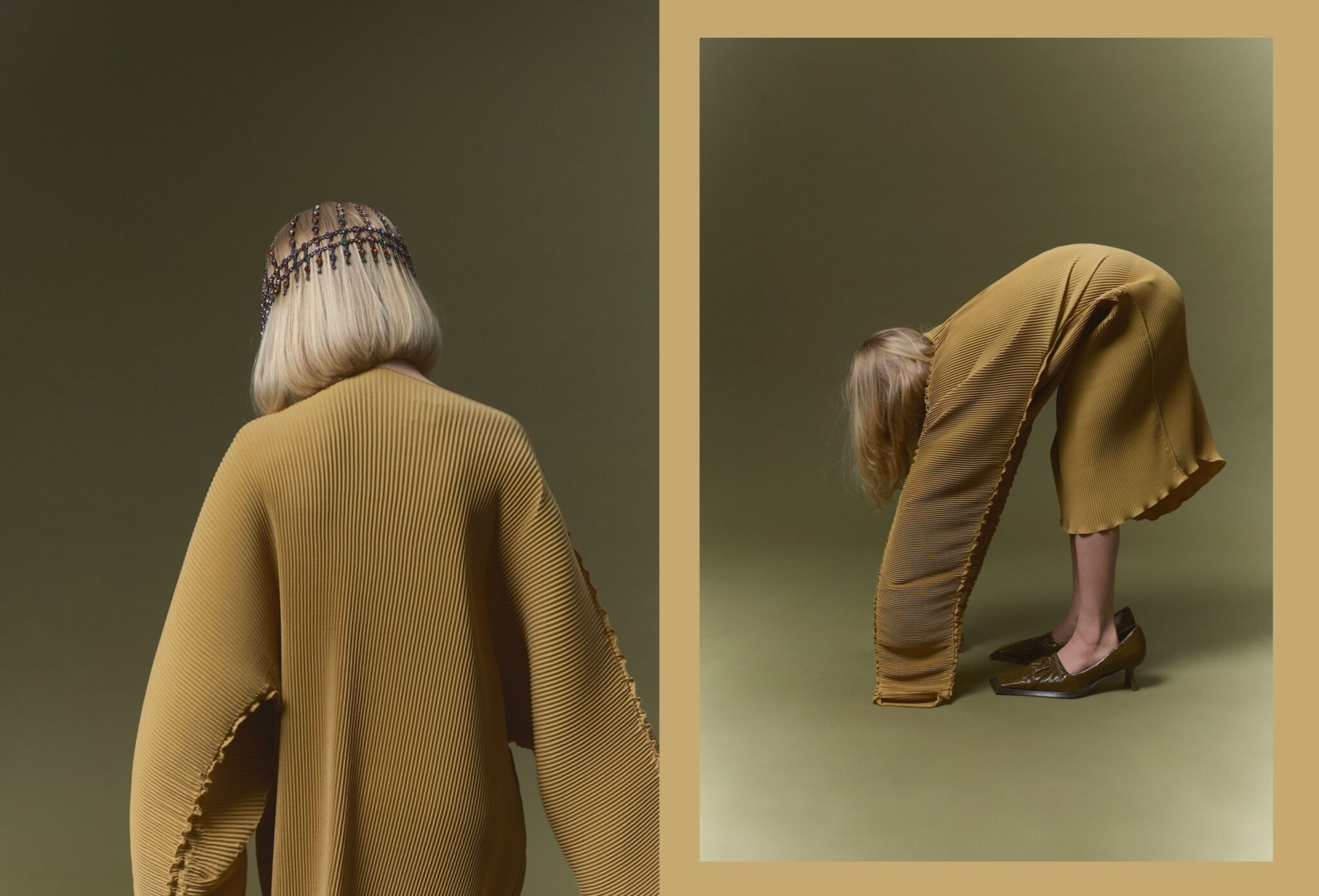 Child in a mustard pleated outfit and jeweled headpiece posing from behind and bending forward in Tiny but Iconic by Lina Arvidsson, Scimparello Magazine.