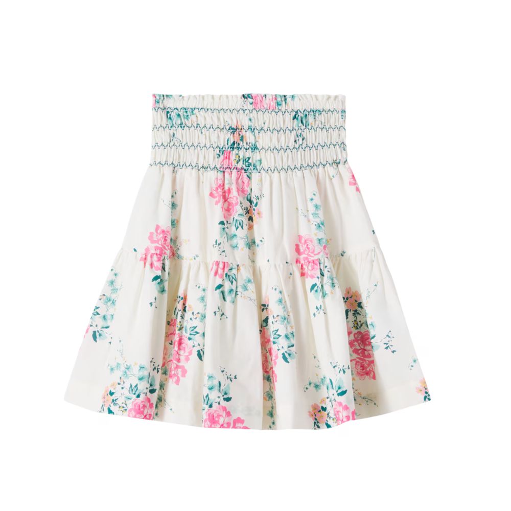 White floral skirt with pink flowers and smocked waistband by C’era Una Volta, styled for a Shop Floral Skirts selection by Scimparello Magazine.