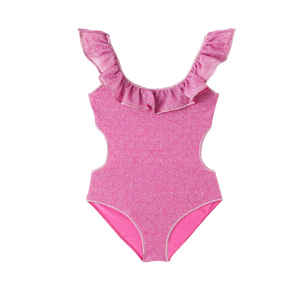 Pink glitter Oséree bathing suit with ruffled straps, styled for a Shop Floral Skirts selection by Scimparello Magazine.