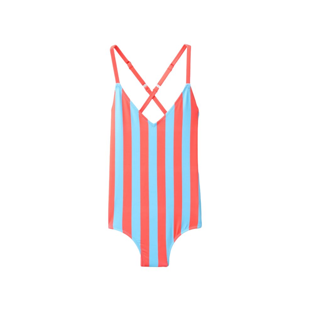 Blue and coral striped girls’ swimsuit with thin straps on a white background, featured in Scimparello Magazine’s shop floral skirts styling selection.