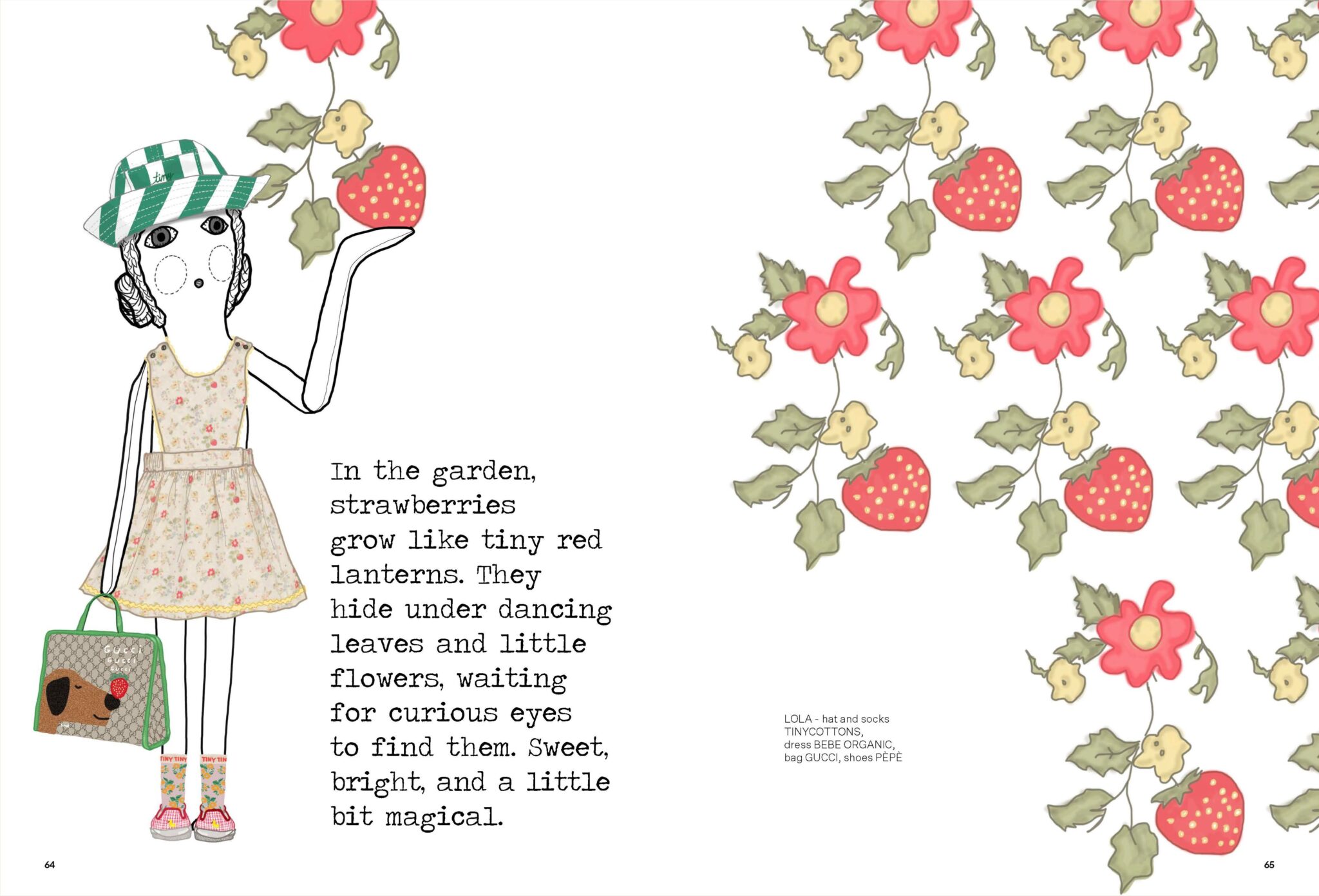 Illustrated fashion editorial spread for Summer in Patterns by Alejandra Salvatore, featuring a doll-like child wearing a TINYCOTTONS check hat and socks, a Bebe Organic floral dress, a Gucci dog bag, and Pépé shoes, surrounded by strawberry and flower patterns, Scimparello Magazine.