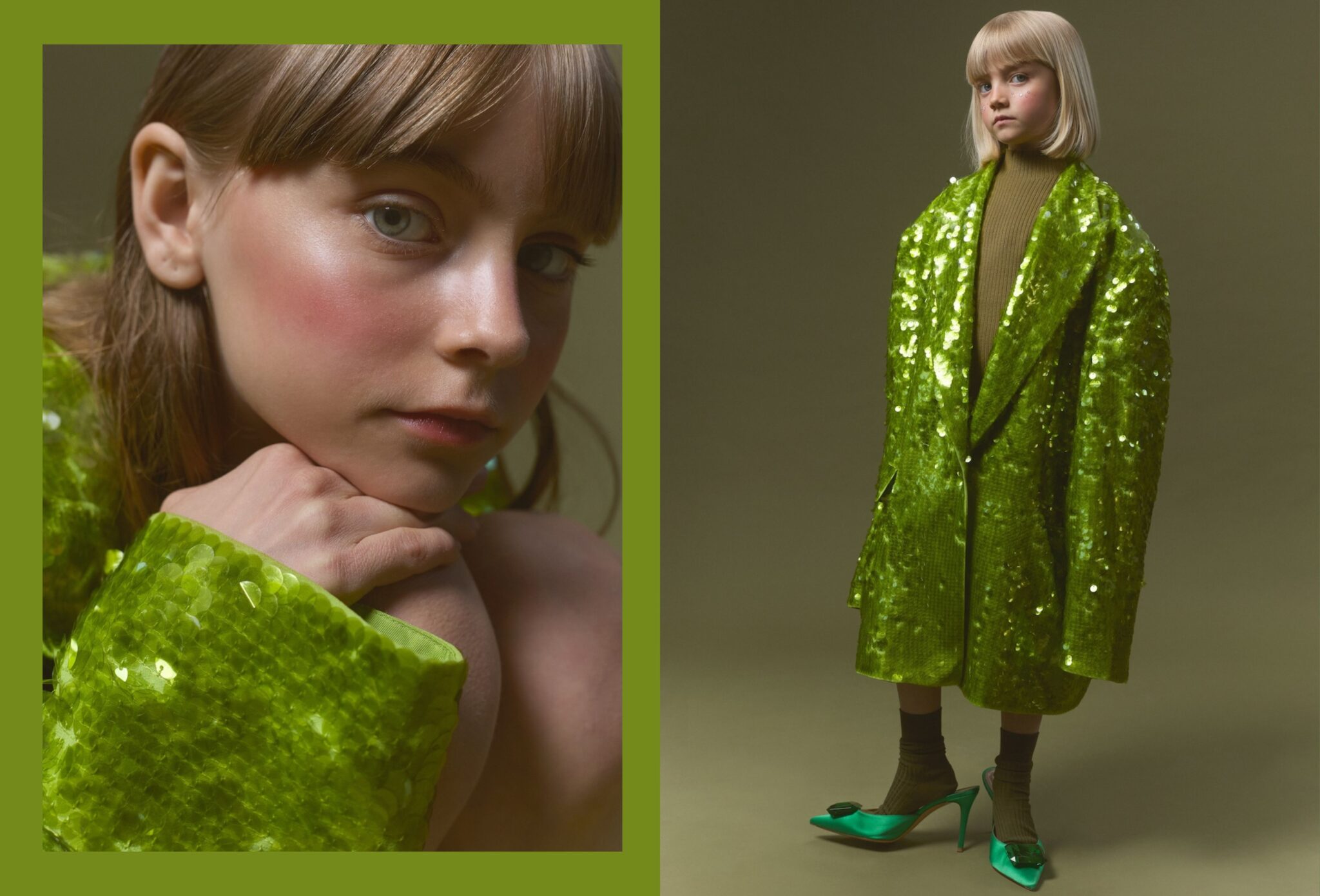 Child wearing a bright lime green sequin coat with matching shorts, teal heels, and a mustard top in Tiny but Iconic by Lina Arvidsson, Scimparello Magazine.