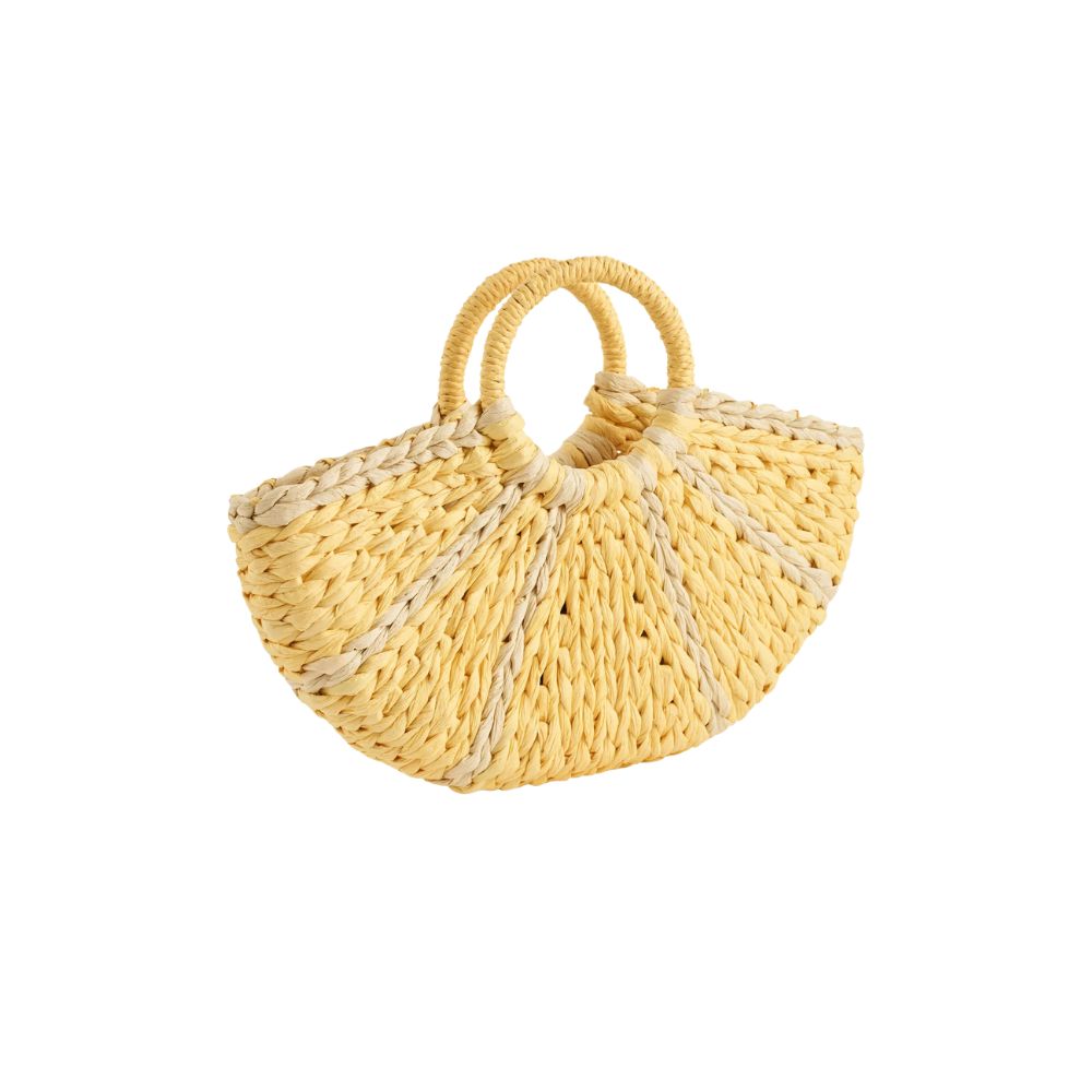 Yellow woven Molo basket bag with round handles, styled for a Shop Floral Skirts selection by Scimparello Magazine.