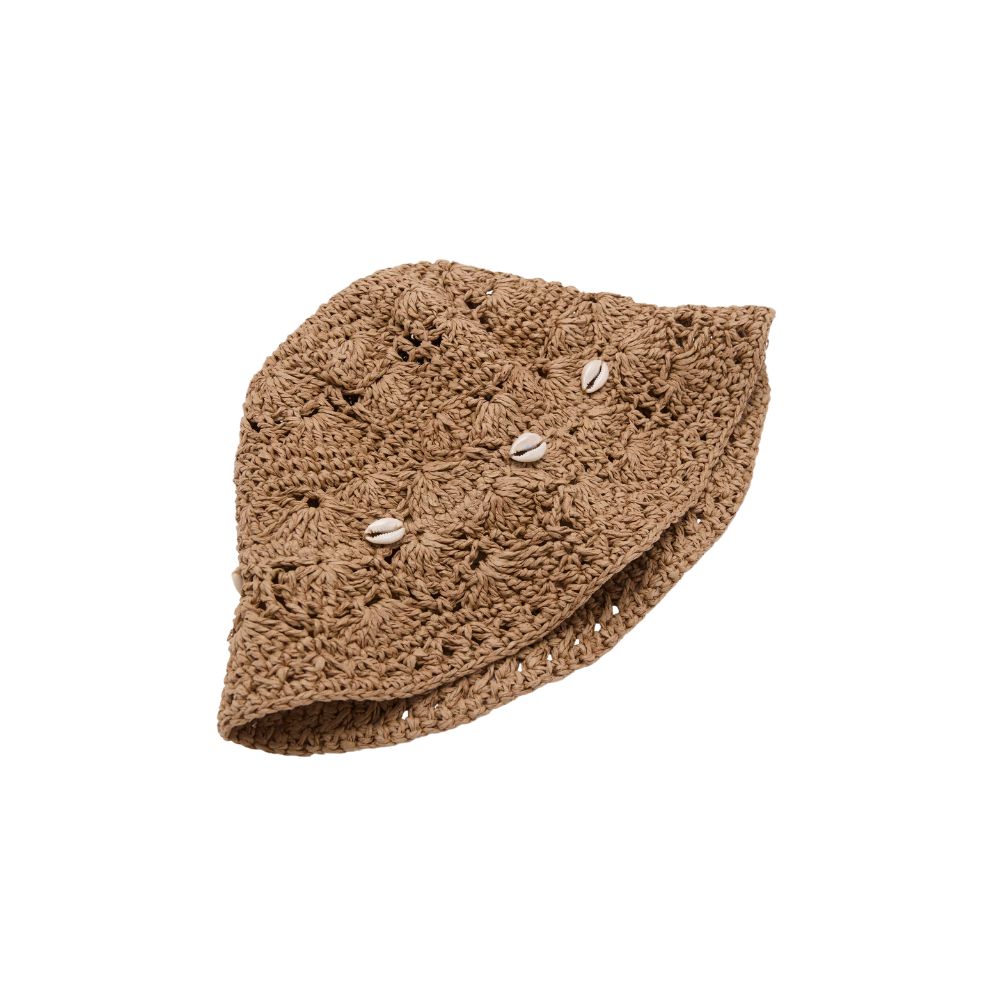Natural Mango crochet bucket hat with shell details, styled for a Shop Floral Skirts selection by Scimparello Magazine.