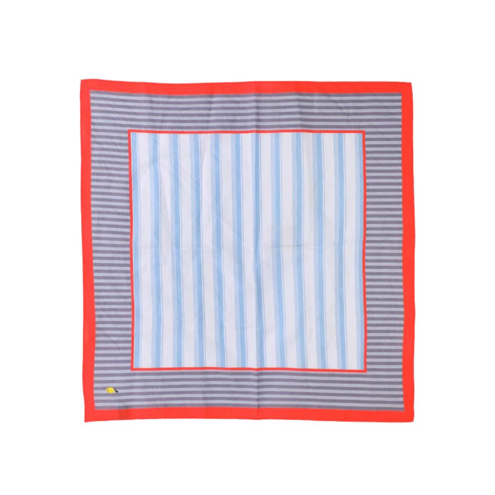 Striped Sticky Lemon headscarf with blue, grey and coral border on a white background, featured in Scimparello Magazine’s shop floral skirts styling selection.