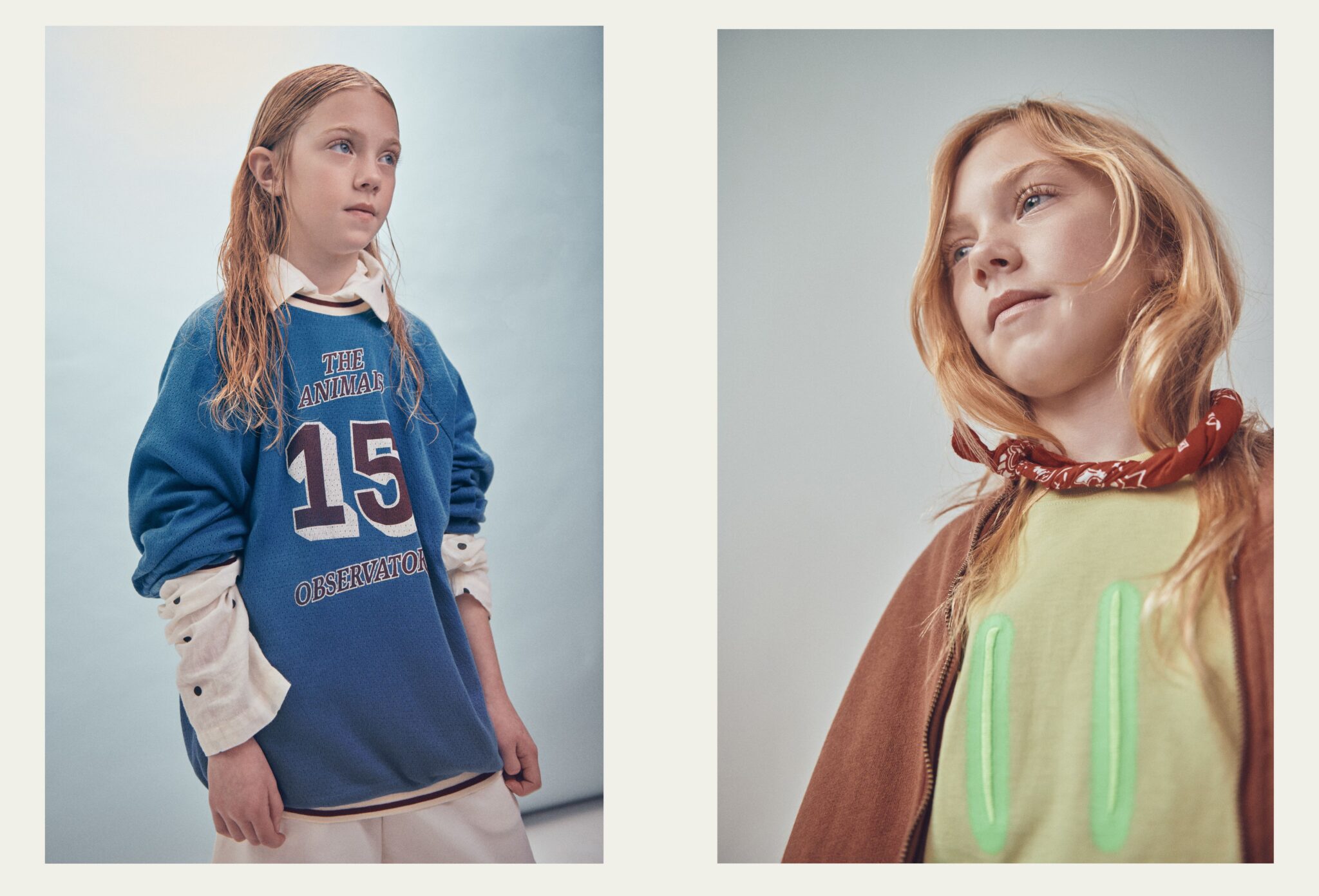 Two portraits from Faces, a kids fashion editorial photographed by Franck Malthierry, featuring children in layered casual fashion looks with soft light and natural expressions, Scimparello Magazine.