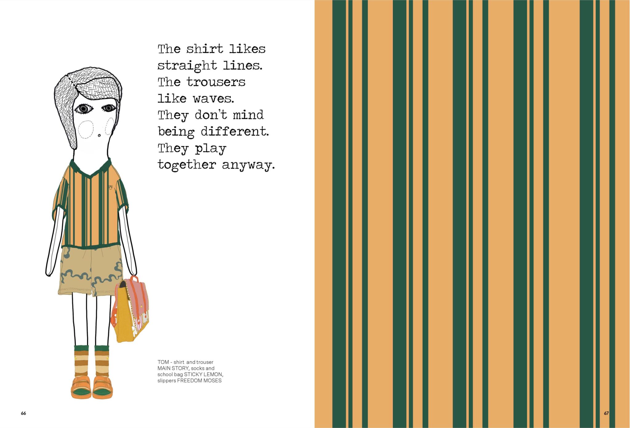 Illustrated fashion editorial spread for Summer in Patterns by Alejandra Salvatore, featuring a doll-like child wearing a Main Story striped shirt and trousers, Sticky Lemon socks and school bag, and Freedom Moses slippers beside a matching stripe pattern, Scimparello Magazine.