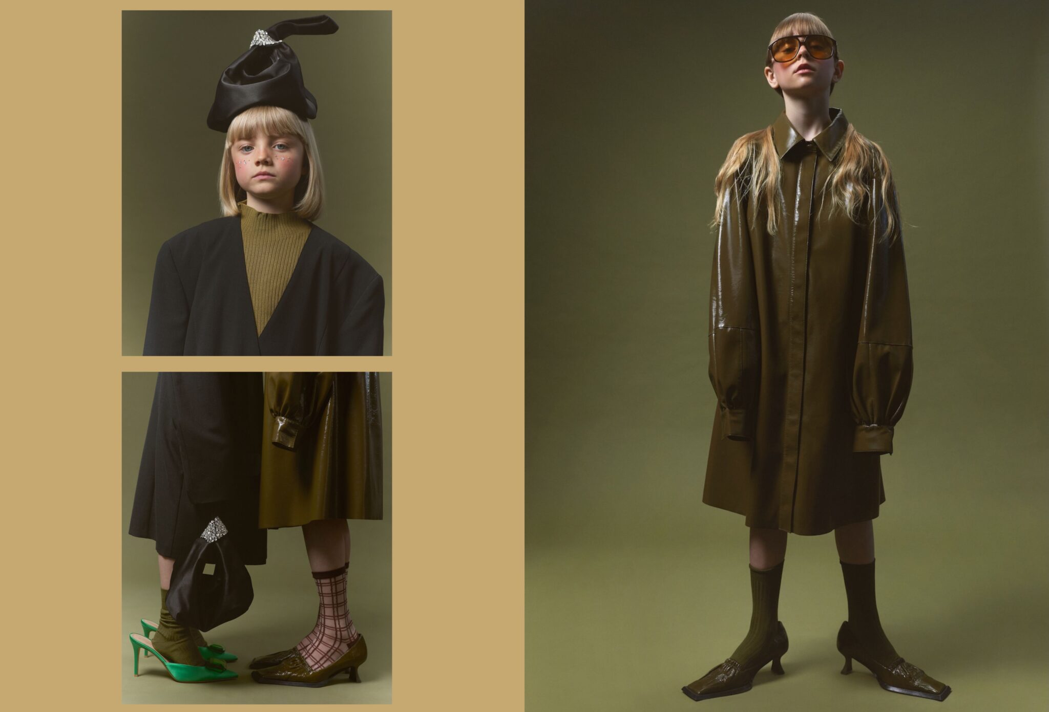 Child wearing oversized black and olive fashion looks with sculptural headpiece, amber sunglasses, statement socks, and teal heels in Tiny but Iconic by Lina Arvidsson, Scimparello Magazine.