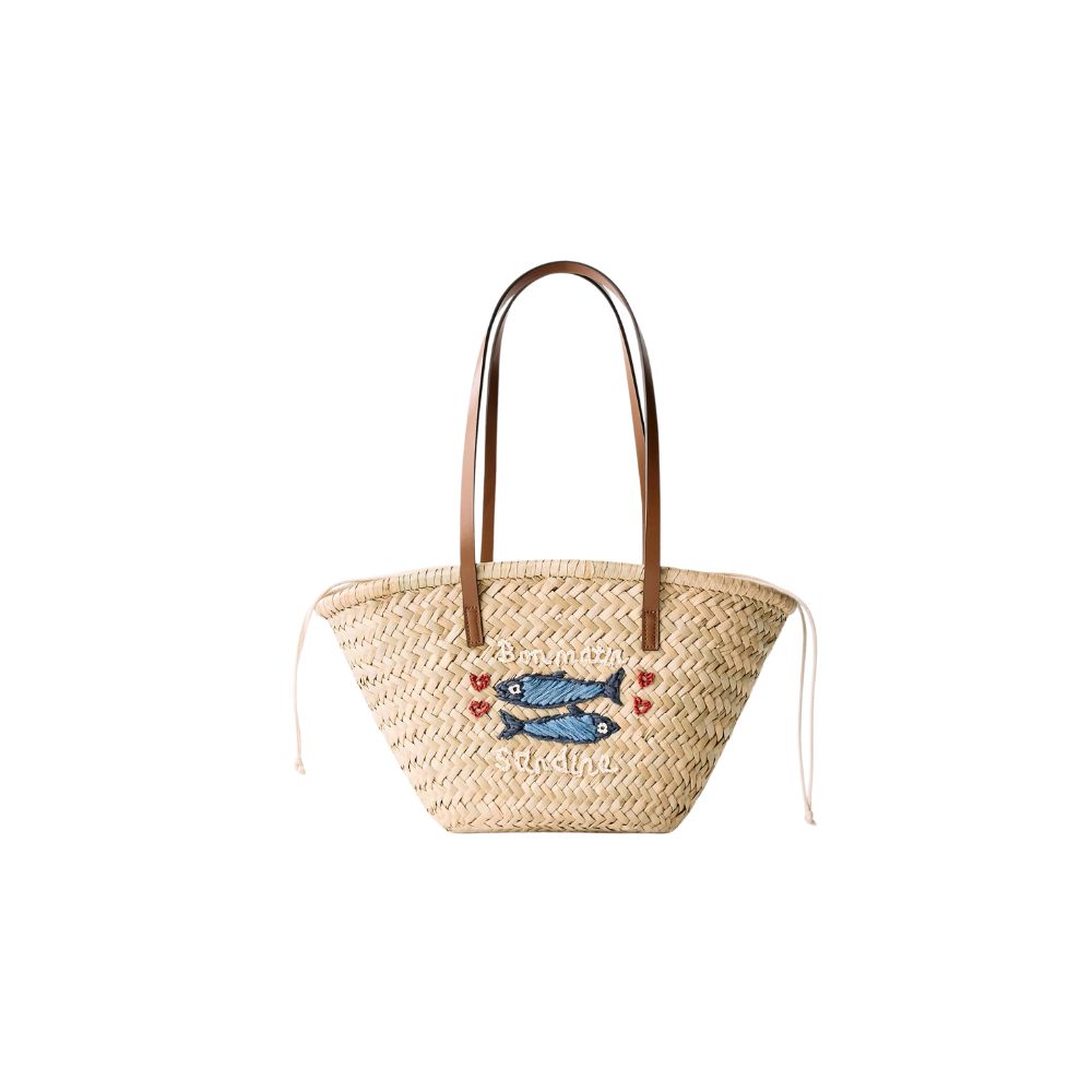 Woven Zara Kids basket bag with leather handles and embroidered fish detail, styled for a Shop Floral Skirts selection by Scimparello Magazine.
