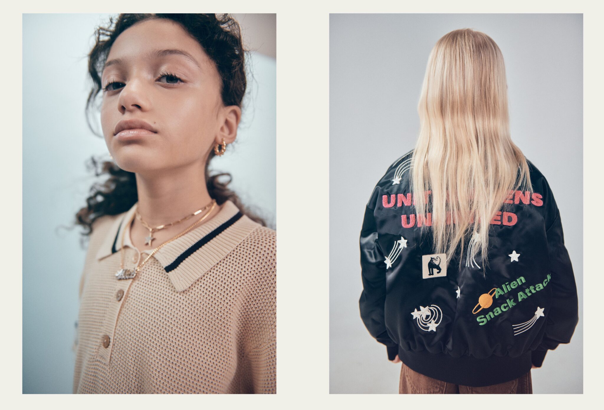 Two portraits from Faces, a kids fashion editorial photographed by Franck Malthierry, featuring a child in a beige knit polo and another child seen from behind in a black embroidered jacket, Scimparello Magazine.