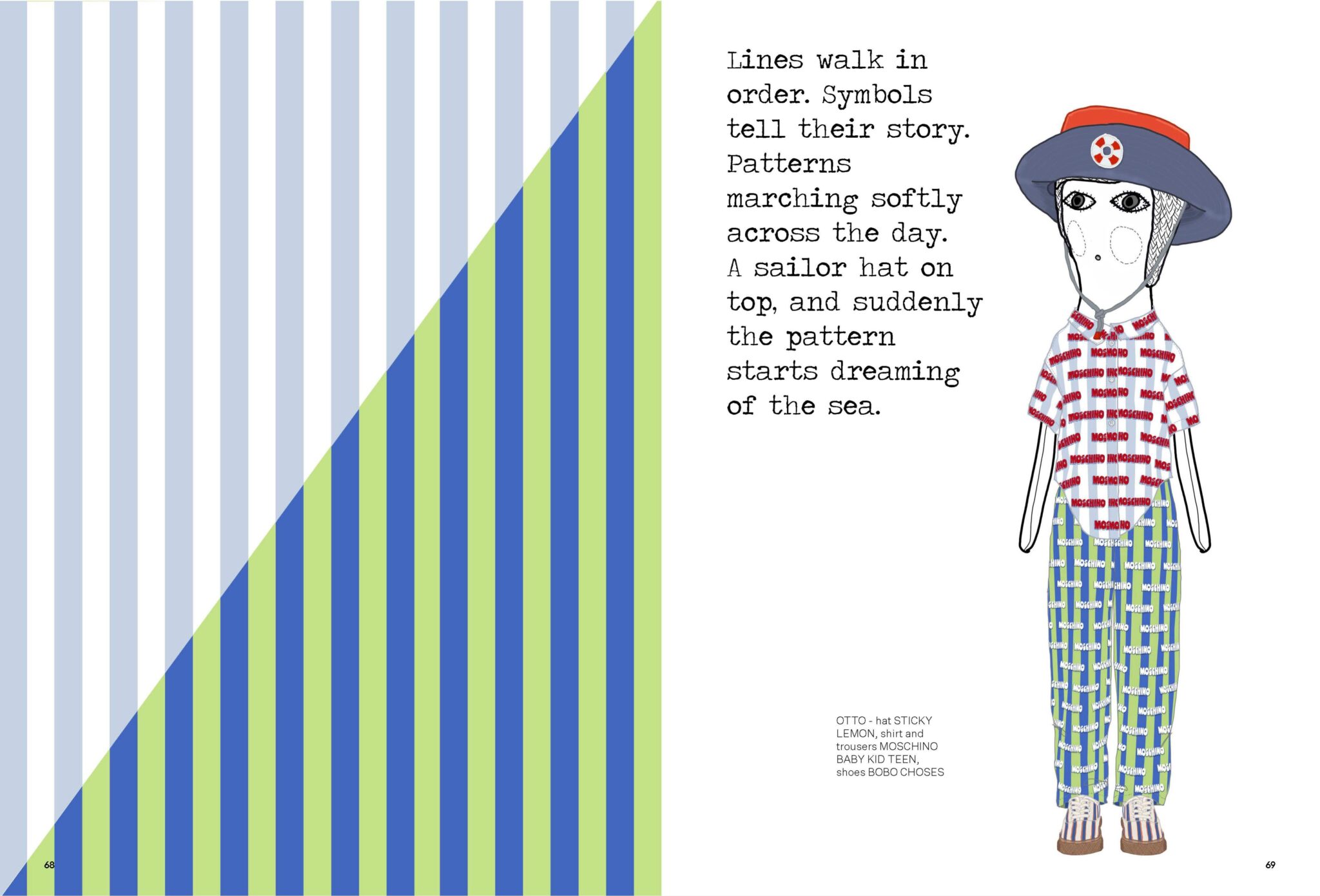 Illustrated fashion editorial spread for Summer in Patterns by Alejandra Salvatore, featuring a doll-like child wearing a Sticky Lemon sailor hat, Moschino Baby Kid Teen shirt and trousers, and Bobo Choses shoes beside bold blue and green stripes, Scimparello Magazine.