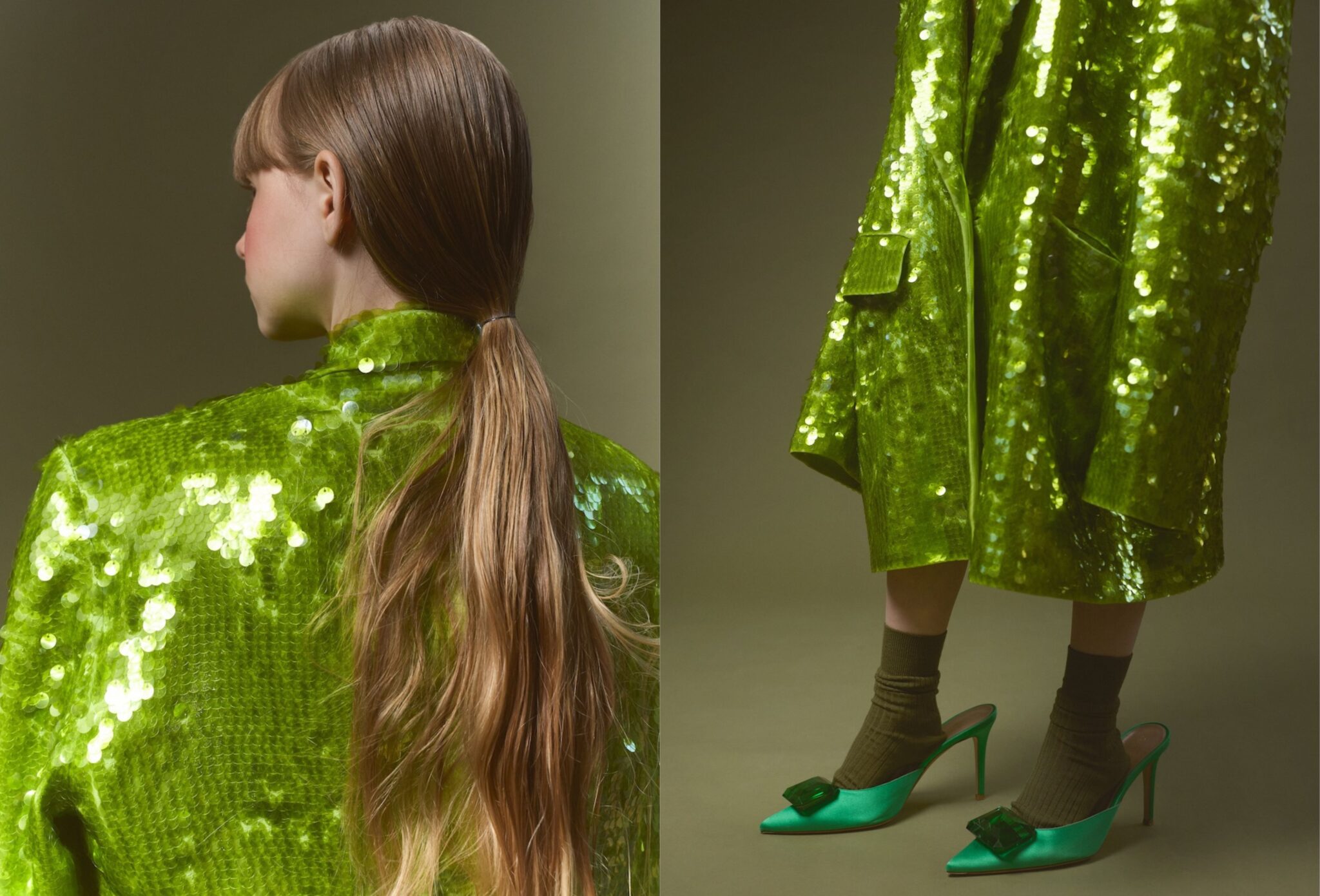 Child seen from behind in a bright lime green sequin coat with long ponytail, olive socks, and teal heels in Tiny but Iconic by Lina Arvidsson, Scimparello Magazine.