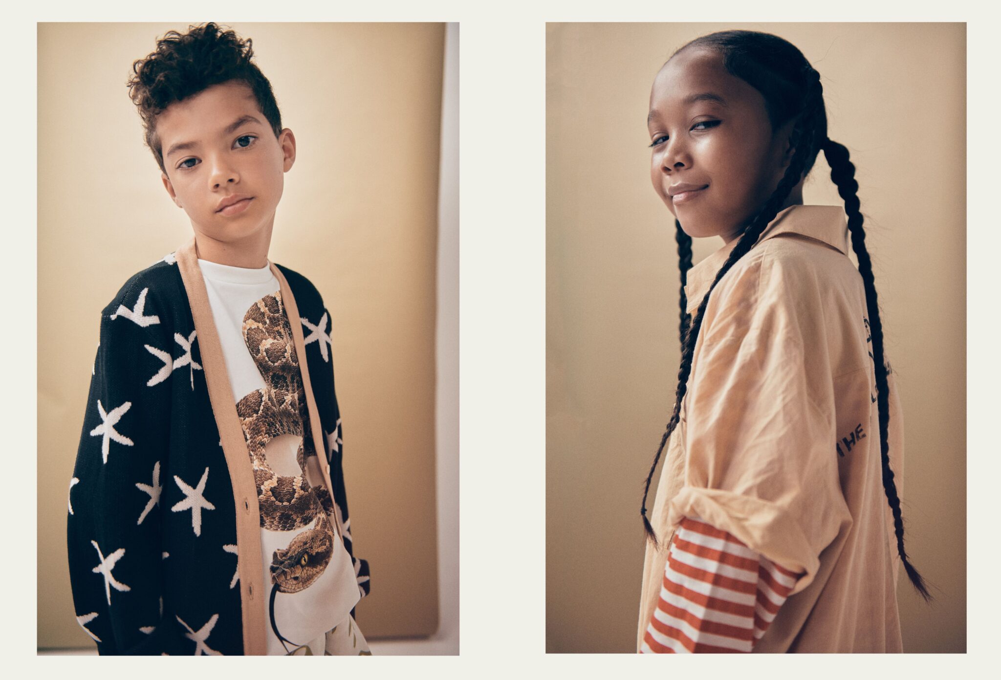 Two portraits from Faces, a kids fashion editorial photographed by Franck Malthierry, featuring a child in a black star cardigan and another child in a soft peach shirt with long braids, Scimparello Magazine.